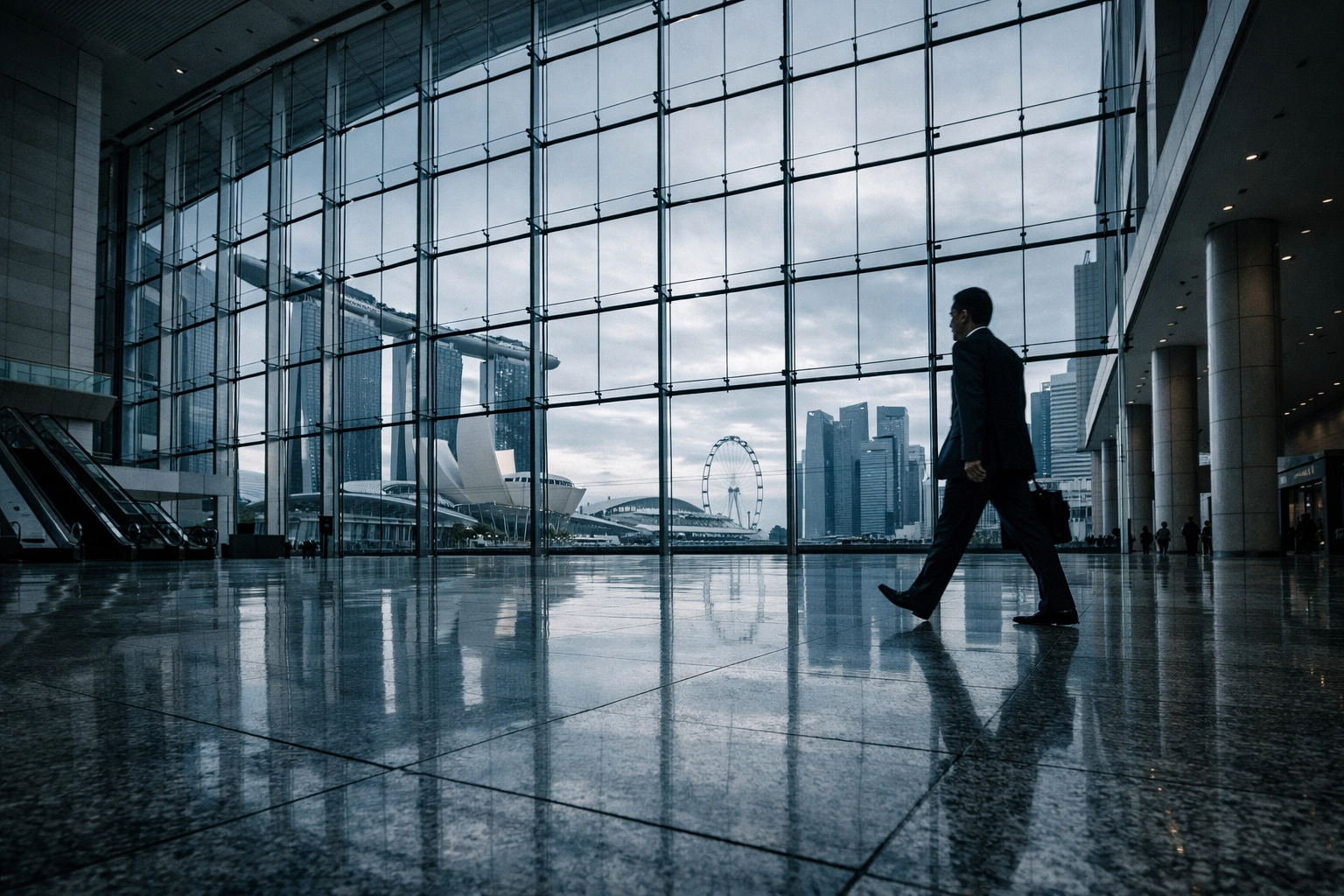 Modern Singapore convention foyer with a business professional overlooking the Marina Bay district skyline.