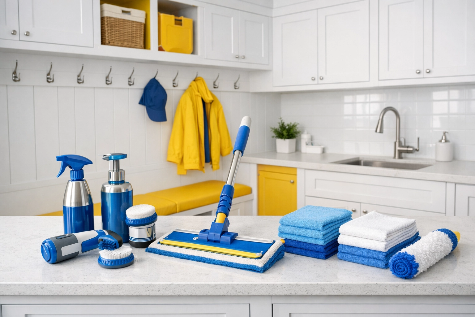 Organized cleaning supplies from a professional and insured house cleaning Worcester MA service.