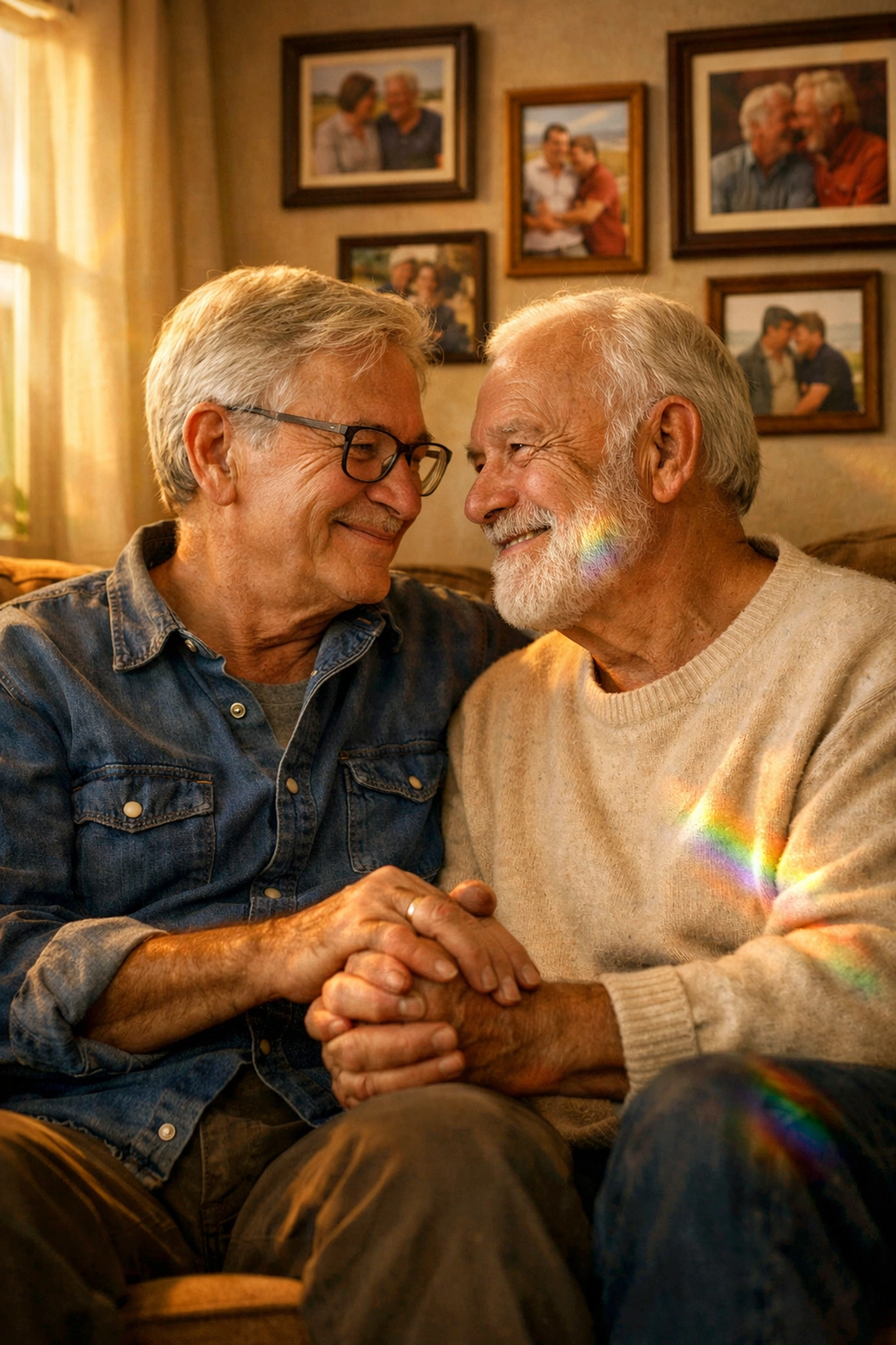 Elderly gay couple holding hands at home after decades together