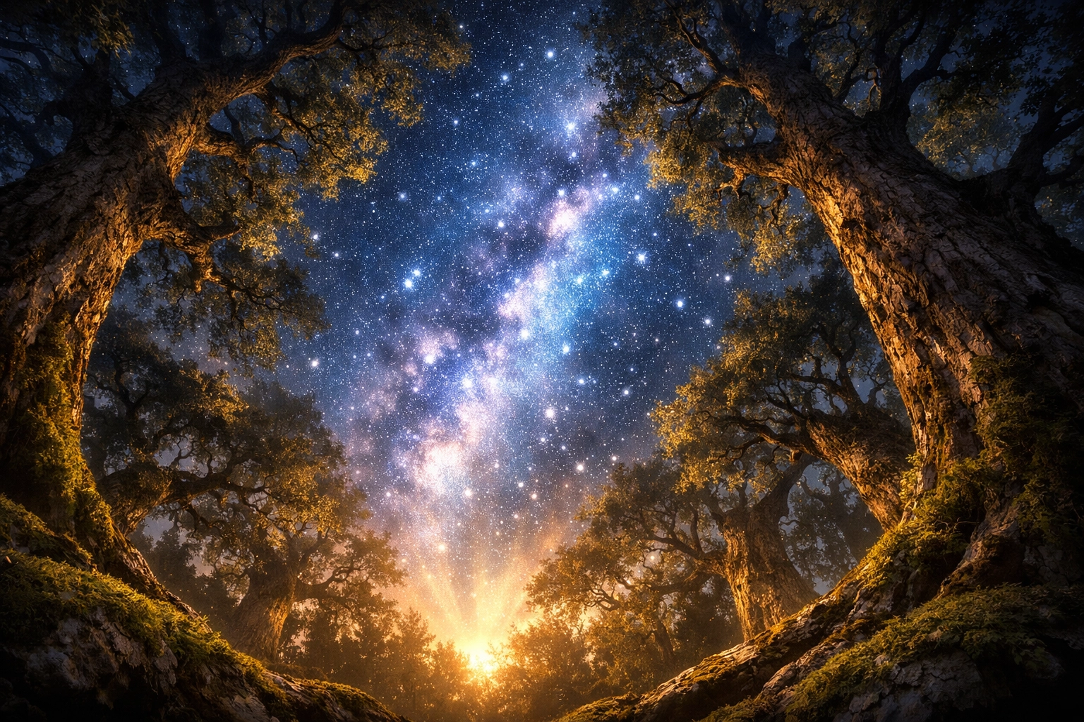 Looking up at a starry night sky through trees, reflecting divine sovereignty and peace amidst world news.
