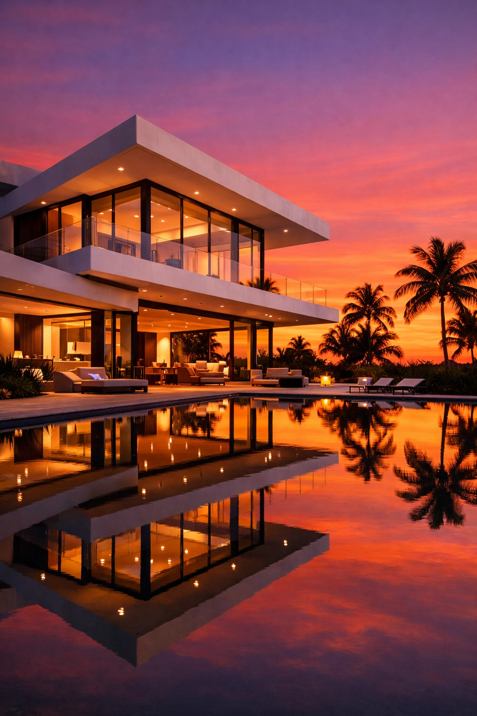 High-end commercial architectural photography of a luxury Miami villa during the golden hour.