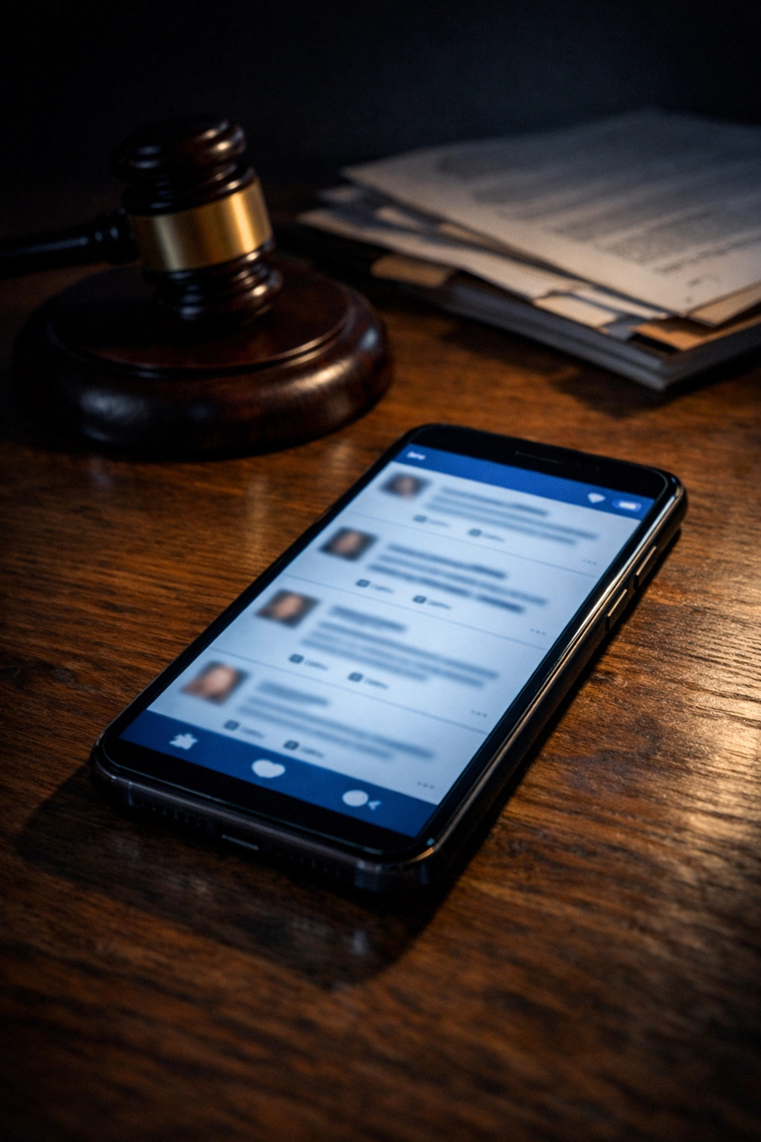 Smartphone showing social media posts with legal documents representing custody case risks
