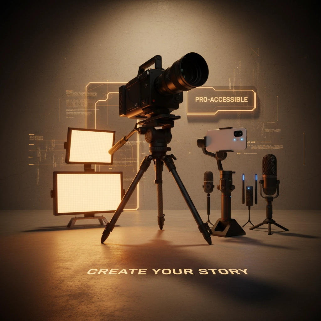 Professional filmmaking equipment set against a futuristic backdrop, emphasizing accessibility and creativity with the words "Create Your Story" illuminating the scene.


