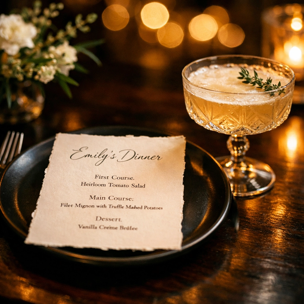 Detailed bespoke dining setting with personalized menu and cocktail for estate guests.