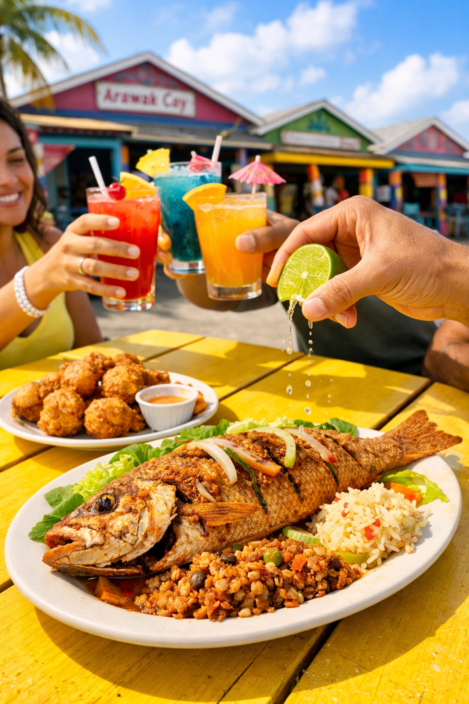 Friends dining on authentic conch fritters at the vibrant Arawak Cay Fish Fry in Nassau, Bahamas.