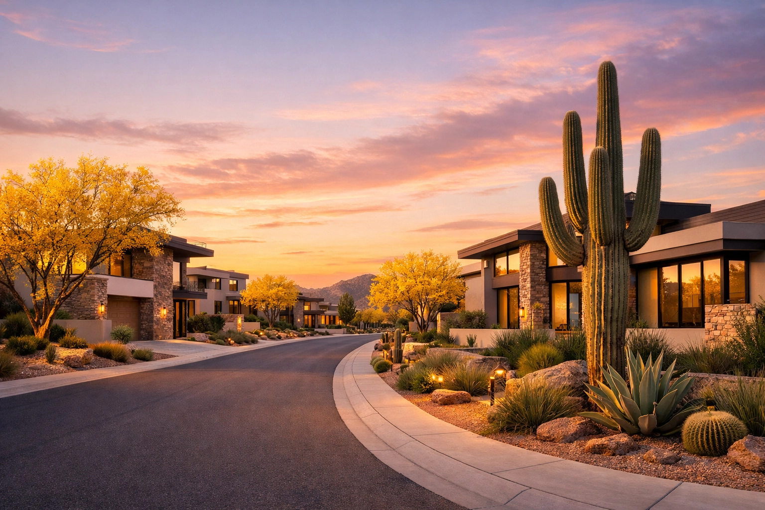 Modern residential street in a West Valley Arizona community with desert landscaping during spring golden hour.