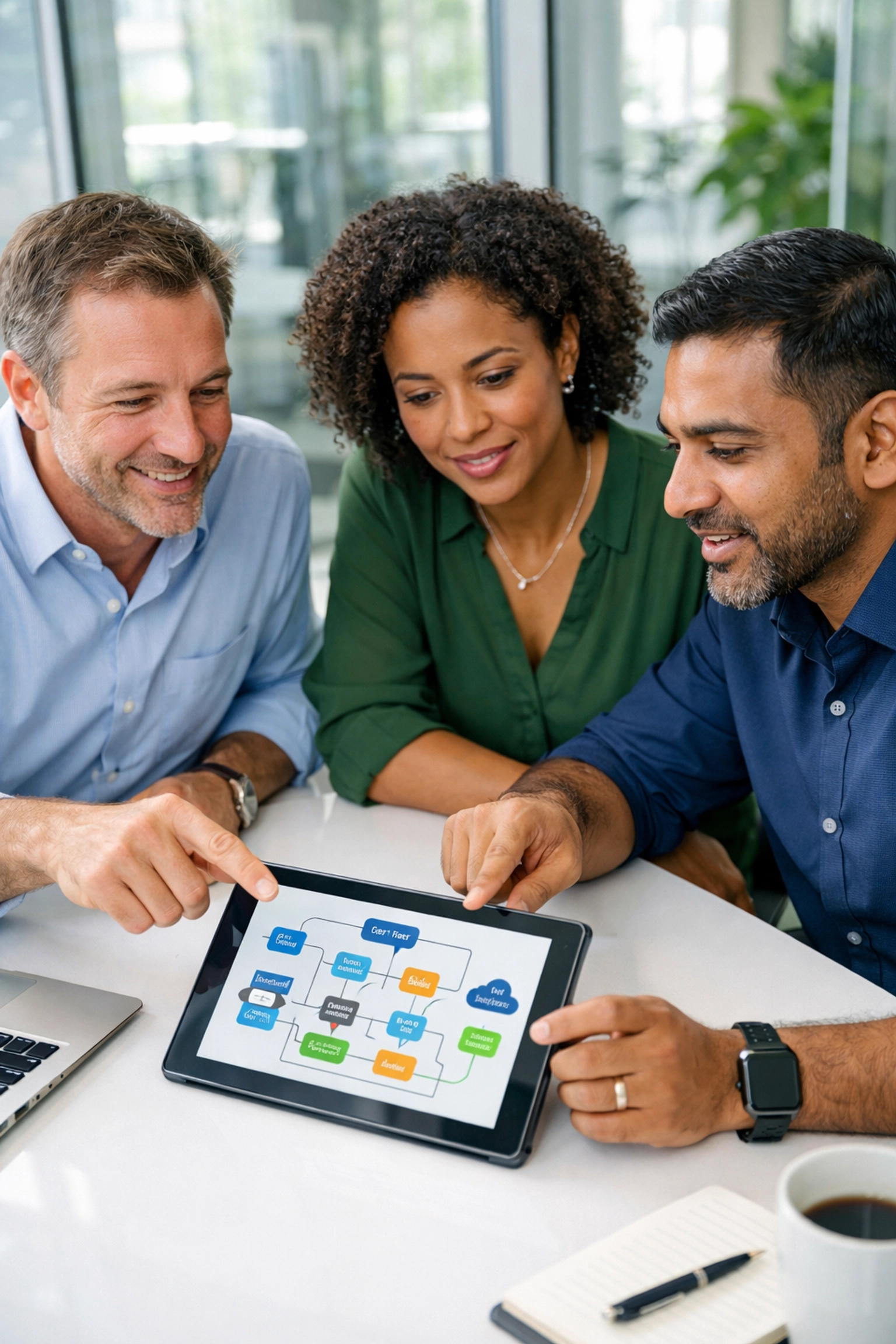 IT strategists collaborating on a digital workflow in a modern office representing ServiceNow consulting services.