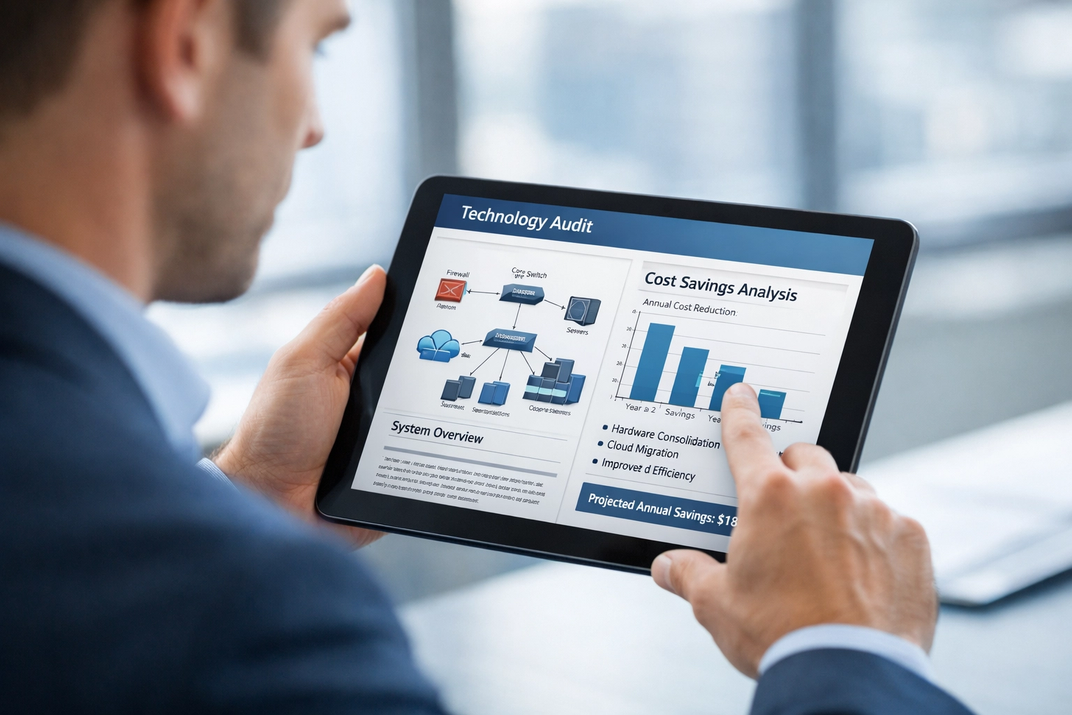 Business professional reviewing POTS replacement audit showing cost savings for Tacoma commercial building