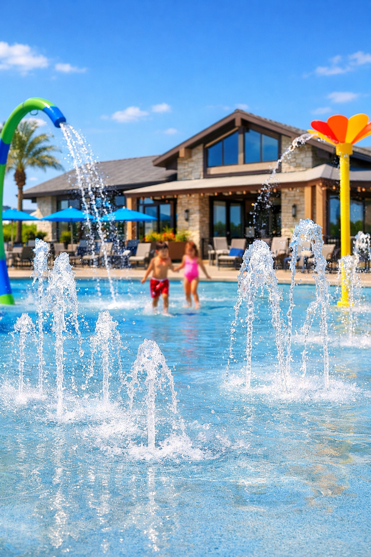 Luxury splash pad and modern clubhouse amenities at Post Oak Manufactured Home Community.