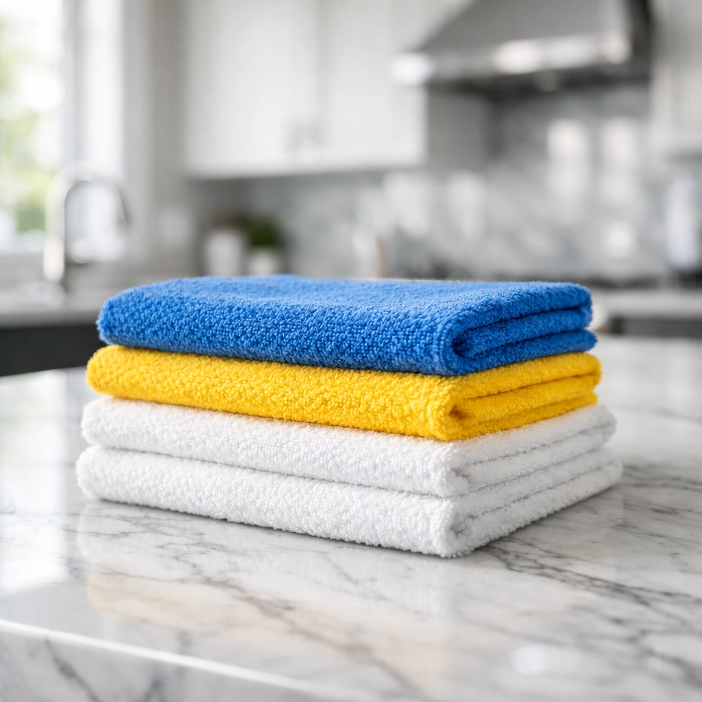 Organized stack of colored microfiber cloths for deep cleaning Franklin kitchen surfaces.