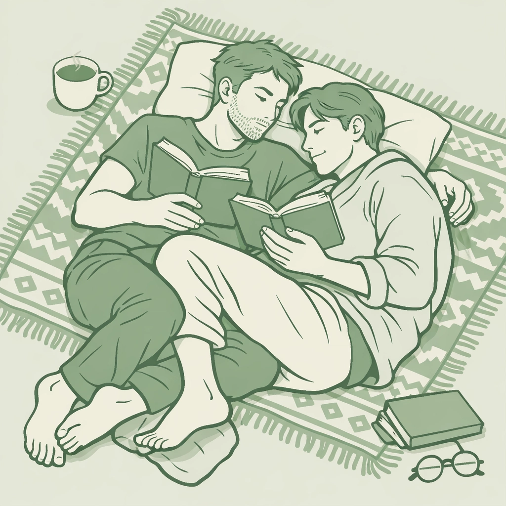 Minimalist drawing of a gay male couple reading books together, symbolizing emotional MM fiction.