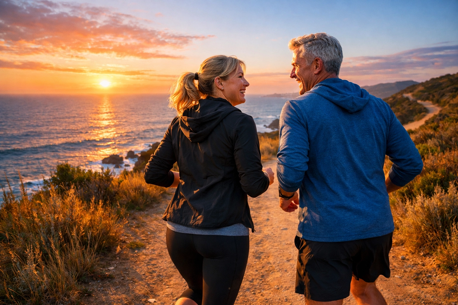 Active empty nester couple walking on a coastal trail to boost physical wellness and energy.