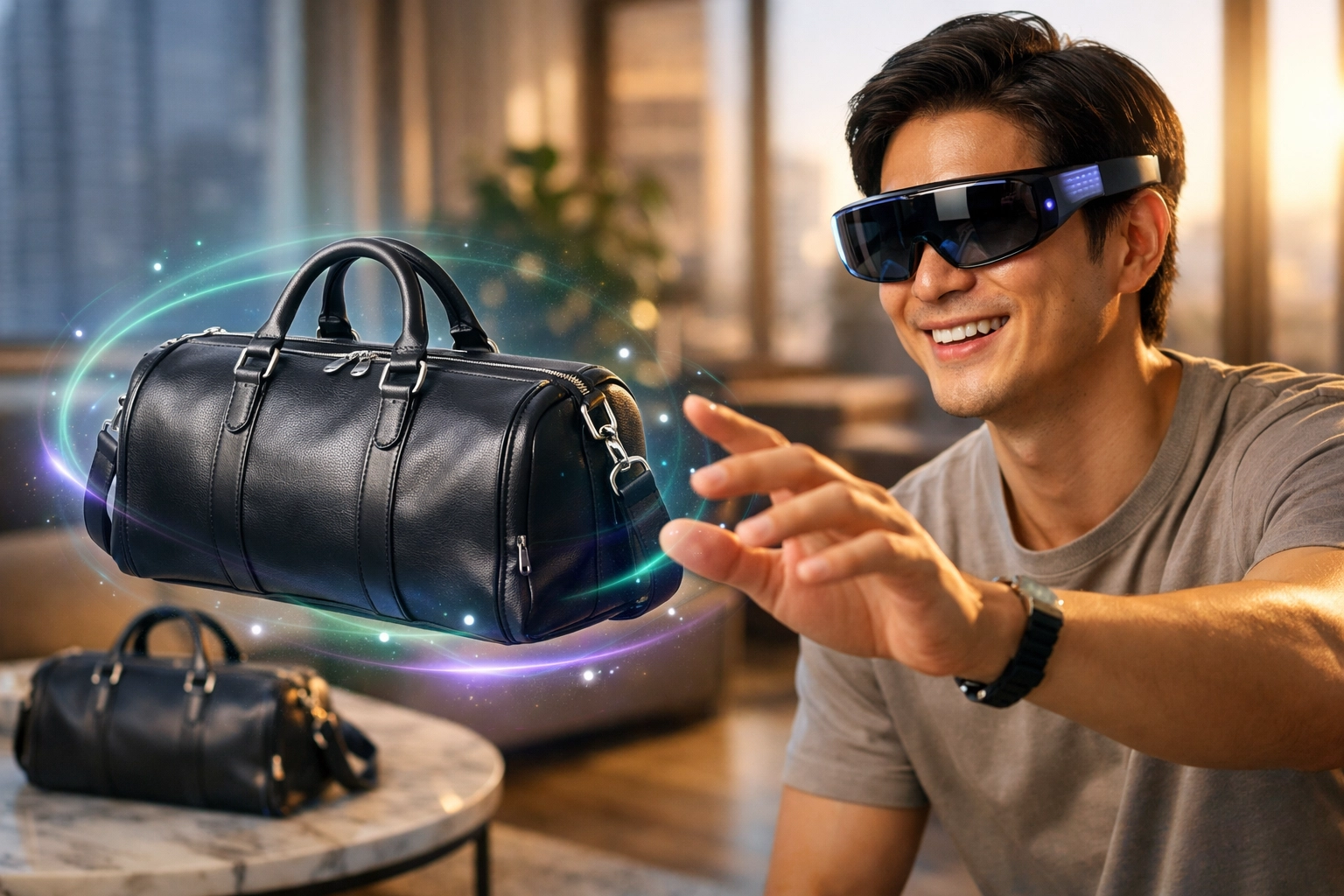 Shopping in the Metaverse using AR glasses to view and purchase digital products and fashion items.