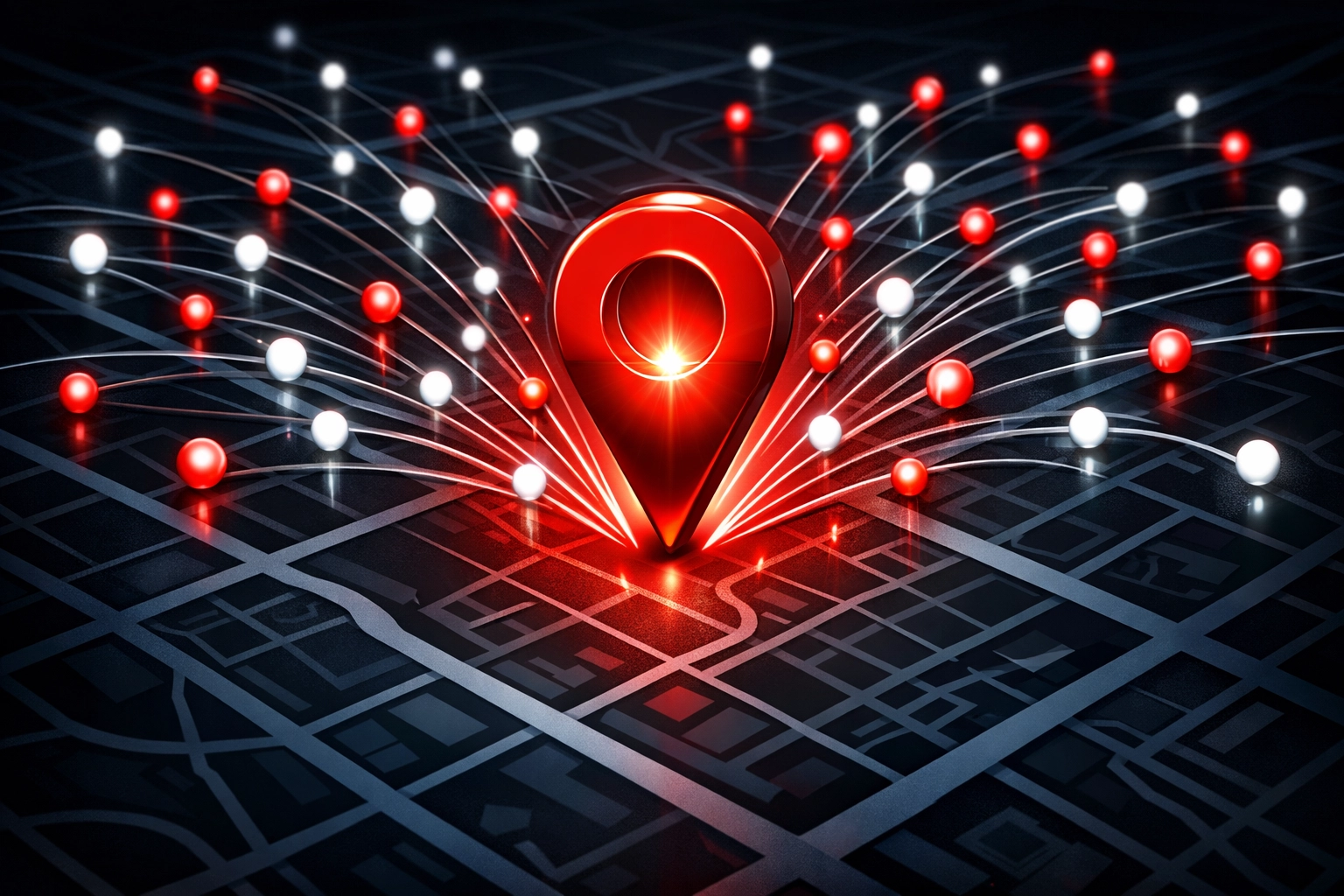 Digital map with a red pin attracting local customers through improved search engine visibility.