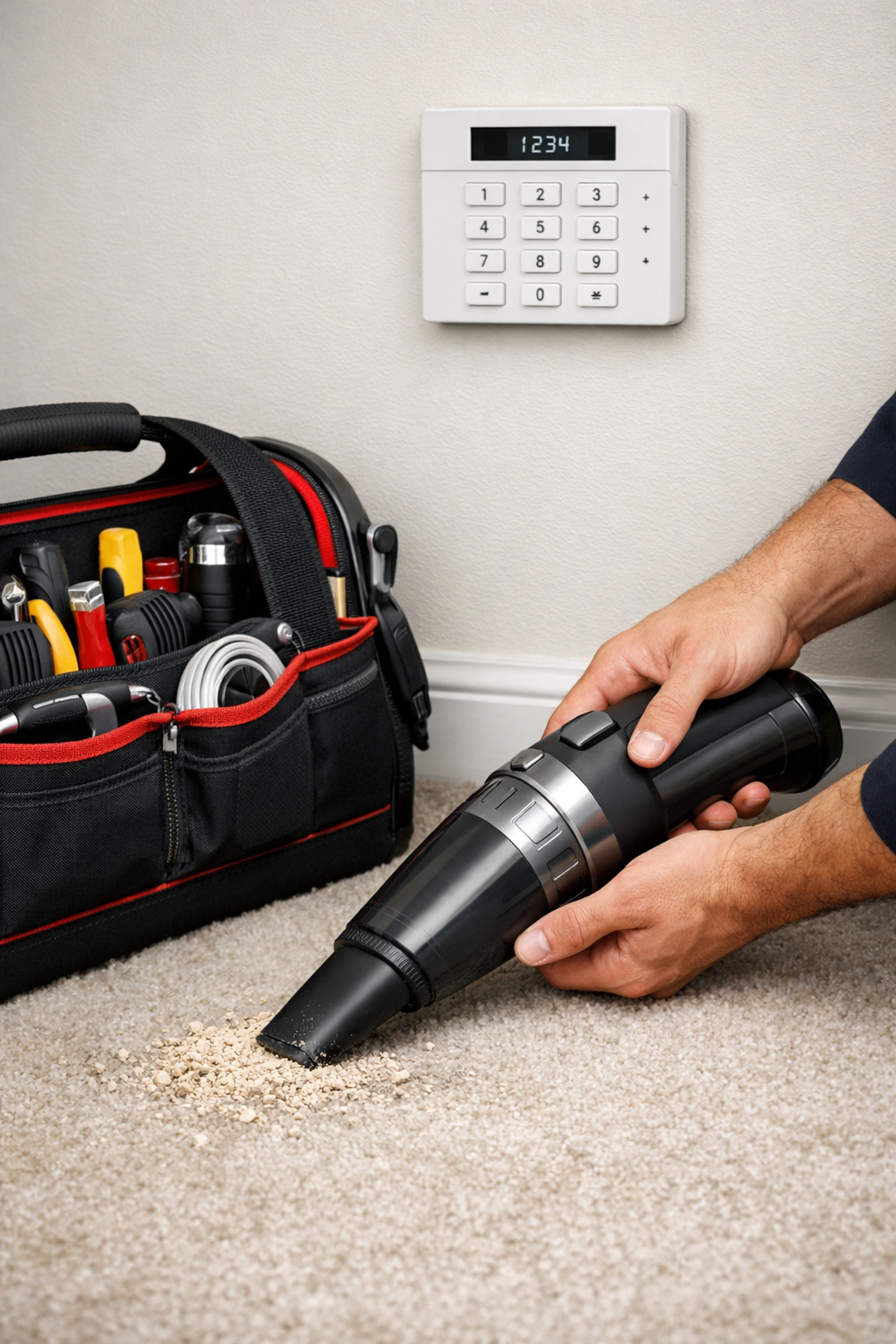 Security technician vacuuming after a clean and tidy home alarm system installation.