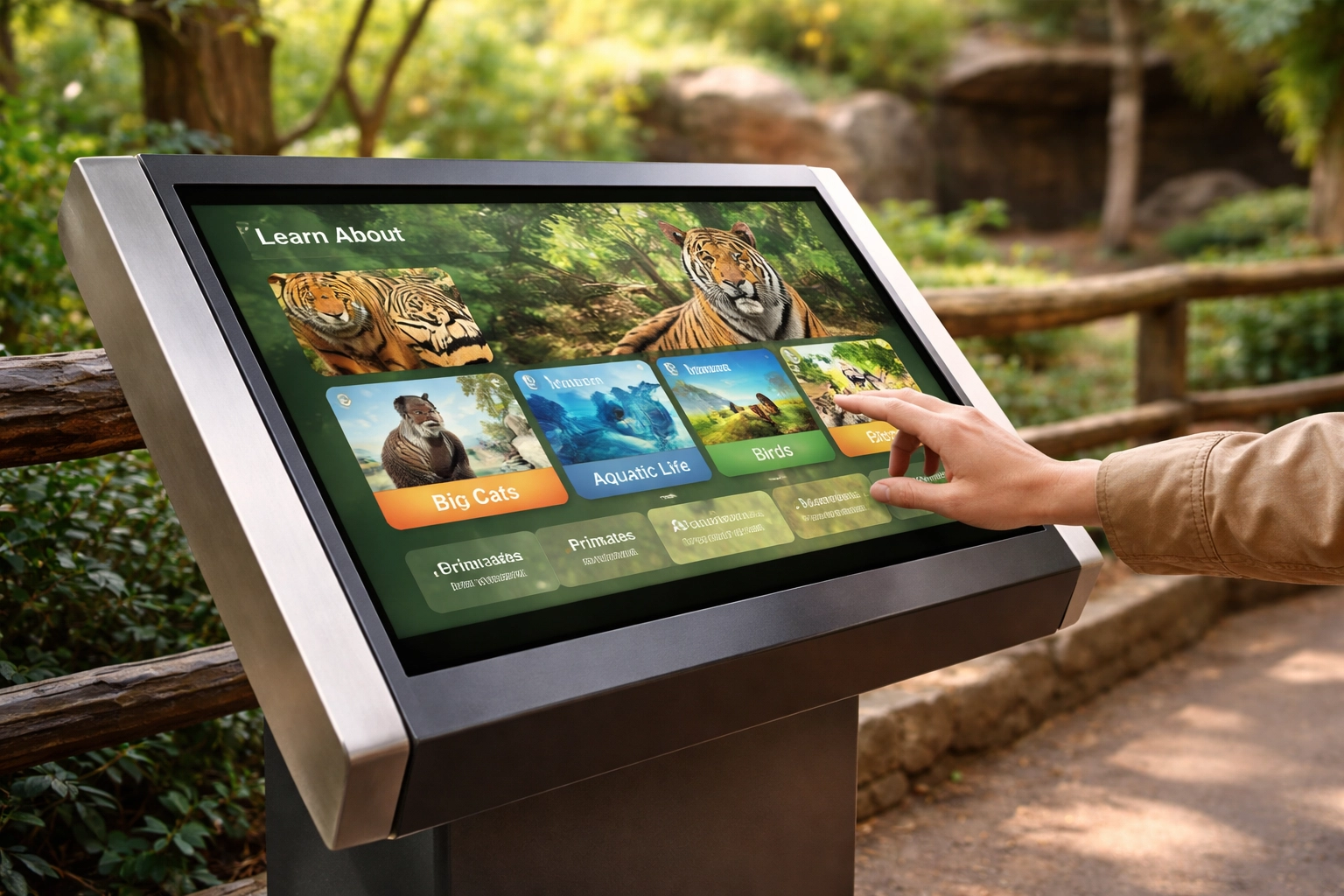 Interactive touchscreen kiosk in a lush zoo setting demonstrates digital engagement technology for visitors.