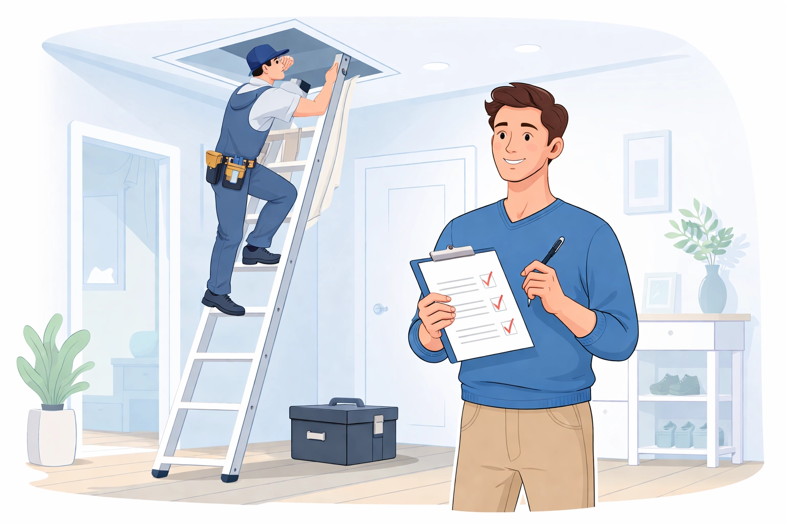 Homeowner with checklist talking to professional loft insulation installer before starting work