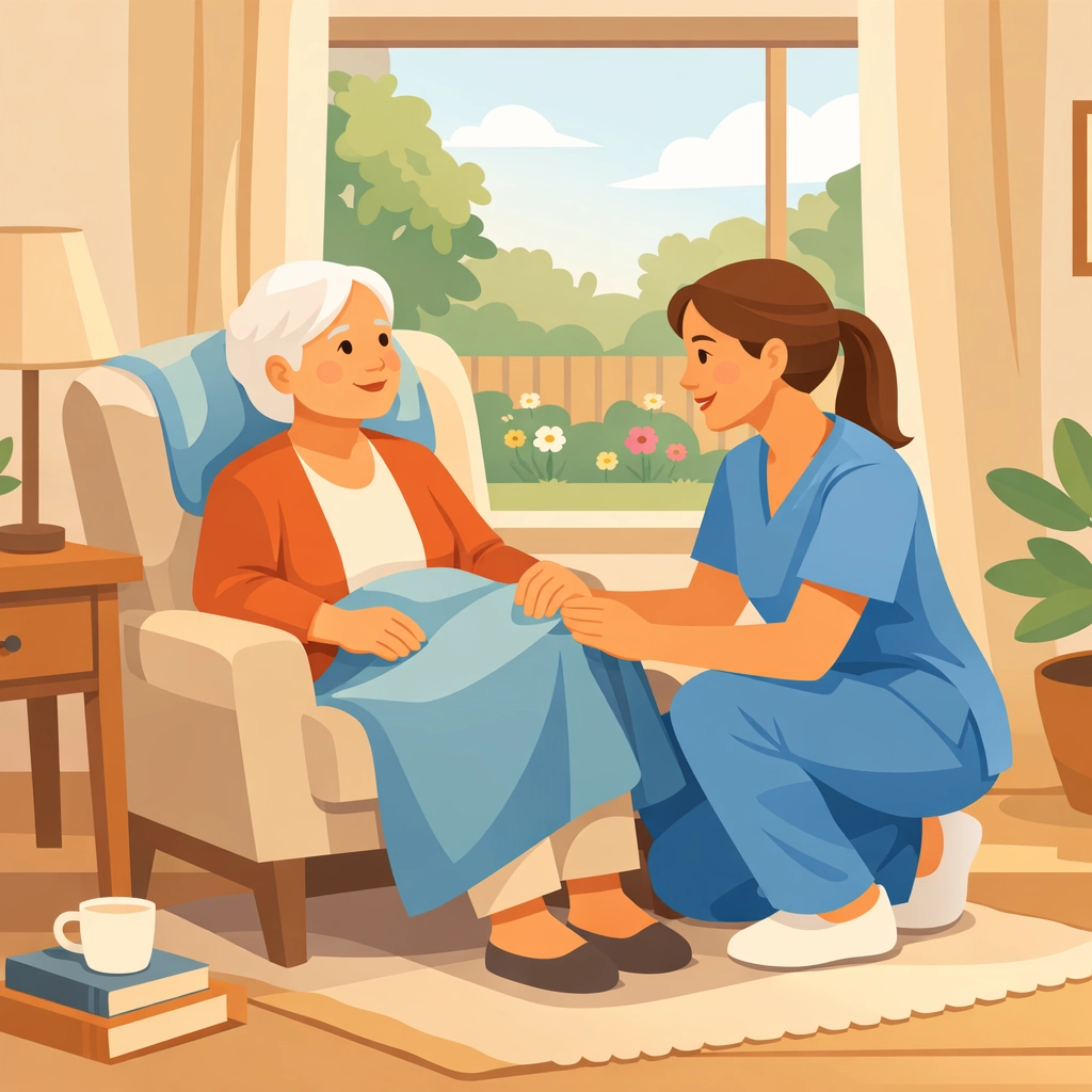 Professional caregiver assisting elderly person at home in Georgia