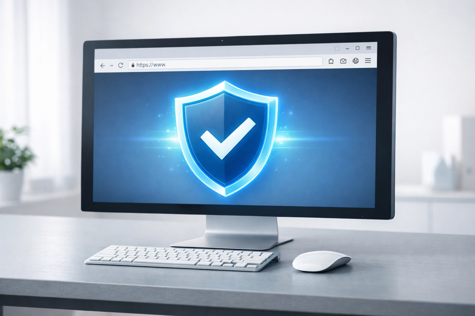 Computer monitor with browser security shield protecting against fake login pages and phishing attacks