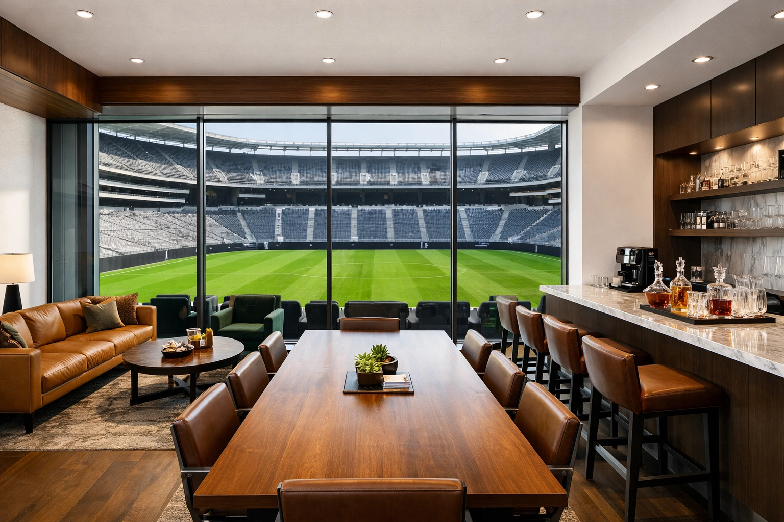 Interior view of a luxury stadium suite overlooking the field for Super Bowl corporate hospitality.