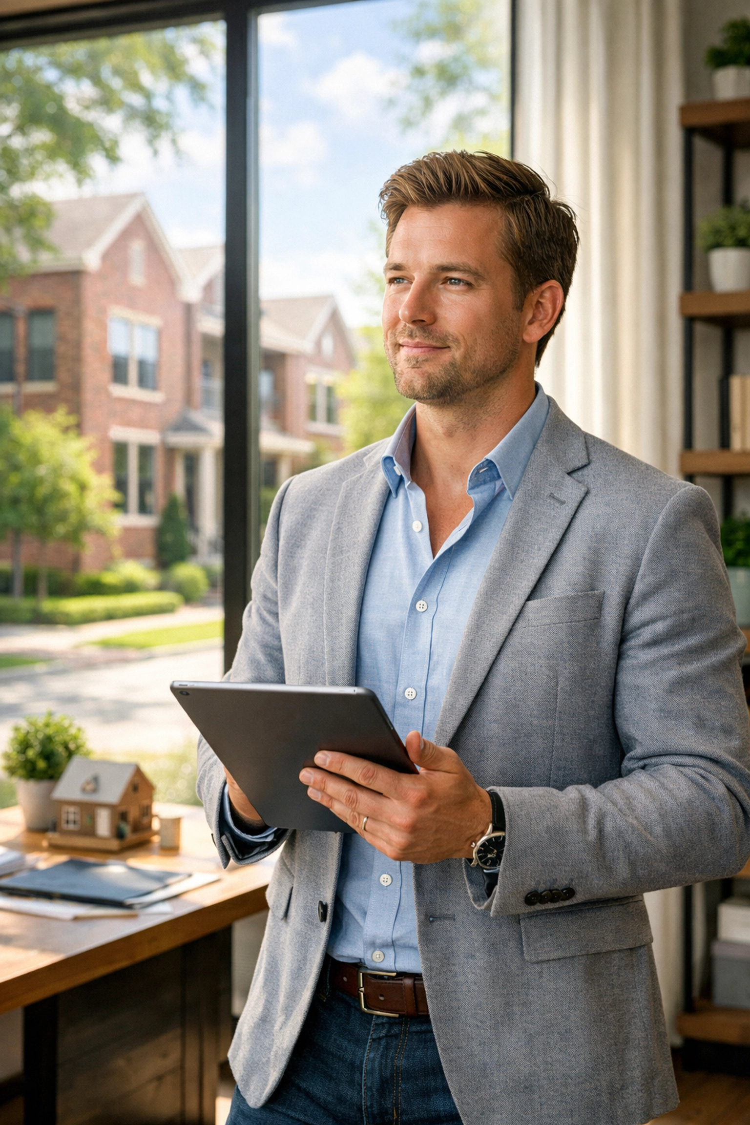 A Houston real estate investor reviewing his Harris County rental property portfolio on a tablet in a modern office.