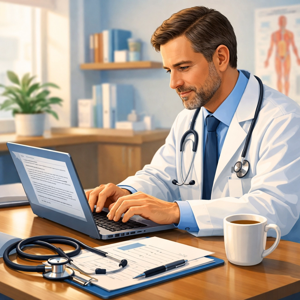 Doctor writing detailed text-based telehealth response on laptop