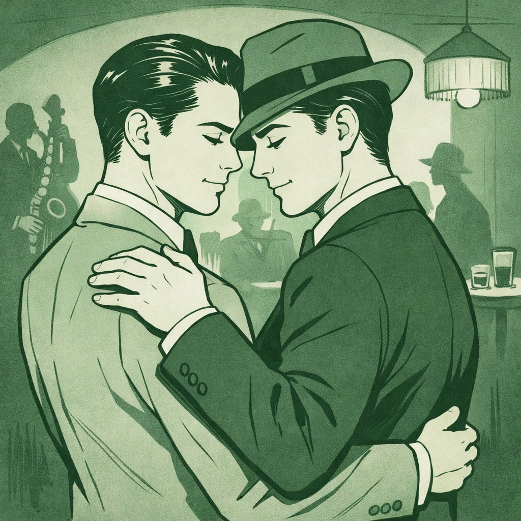 Two men in 1920s suits dancing in a secret Soho club, illustrating the vibrant Jazz Age of London's queer history.