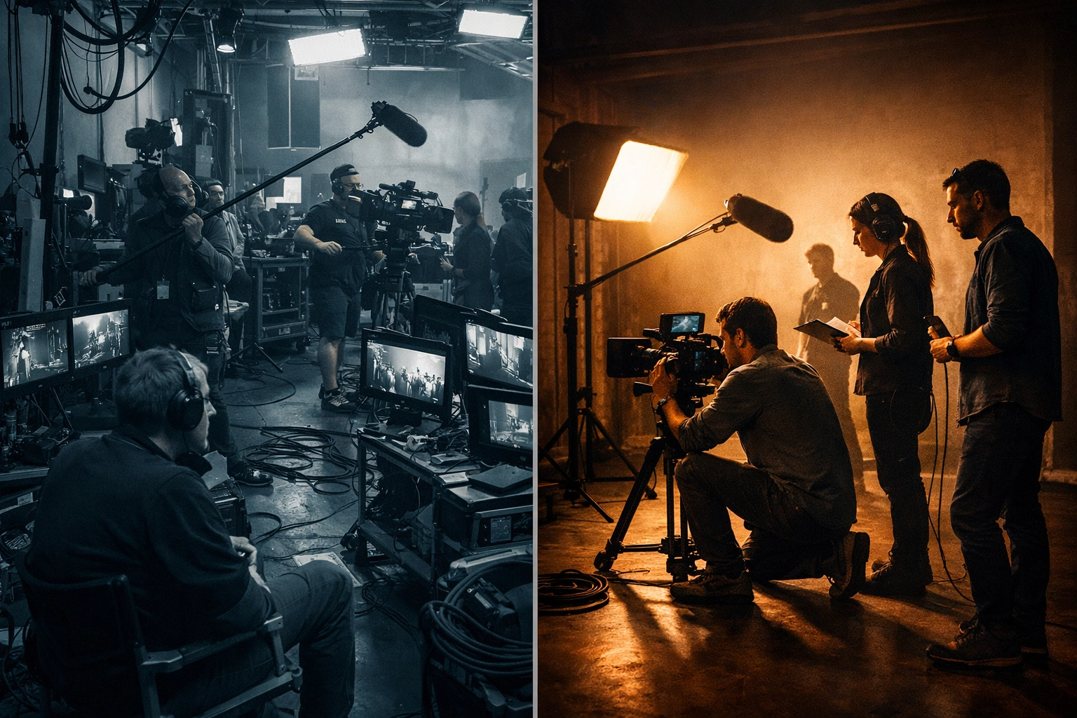 Comparison of large chaotic film crew versus lean efficient boutique production team workflow