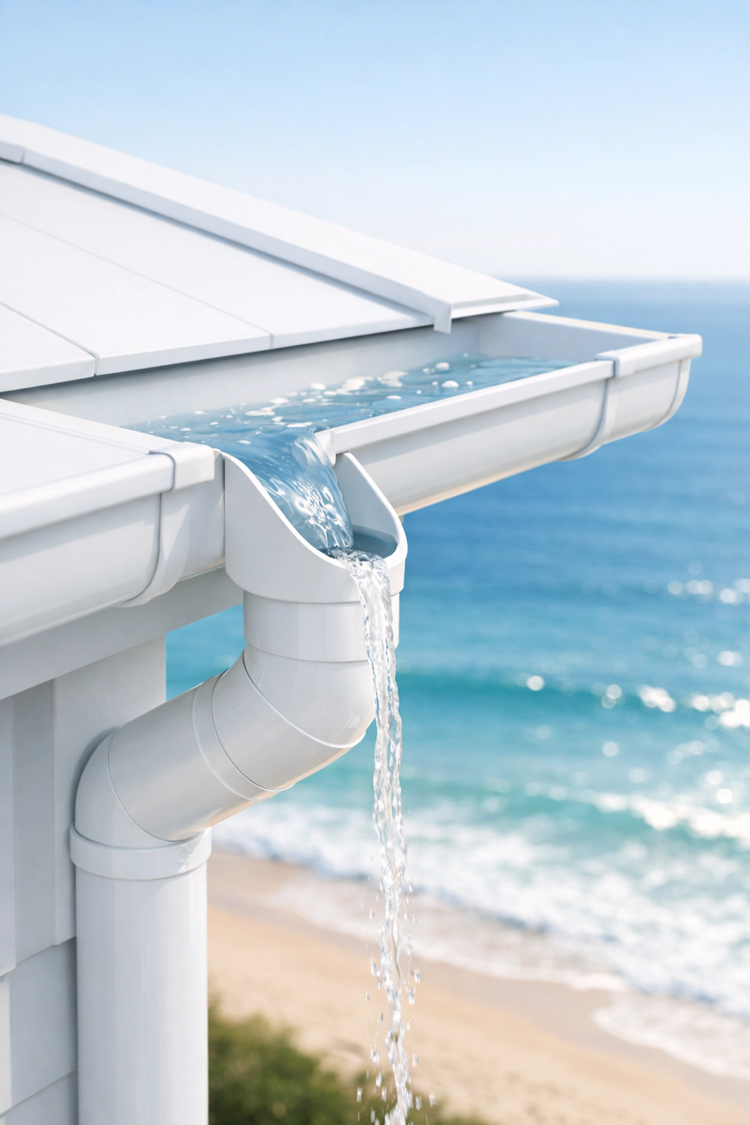 Well-maintained white gutter system on a Northern Beaches coastal home showing efficient drainage.