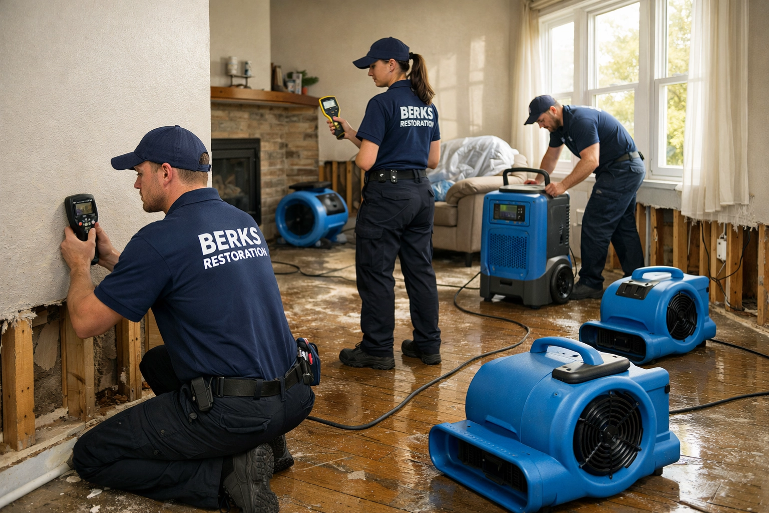 Water damage restoration team using industrial equipment in Berks County home
