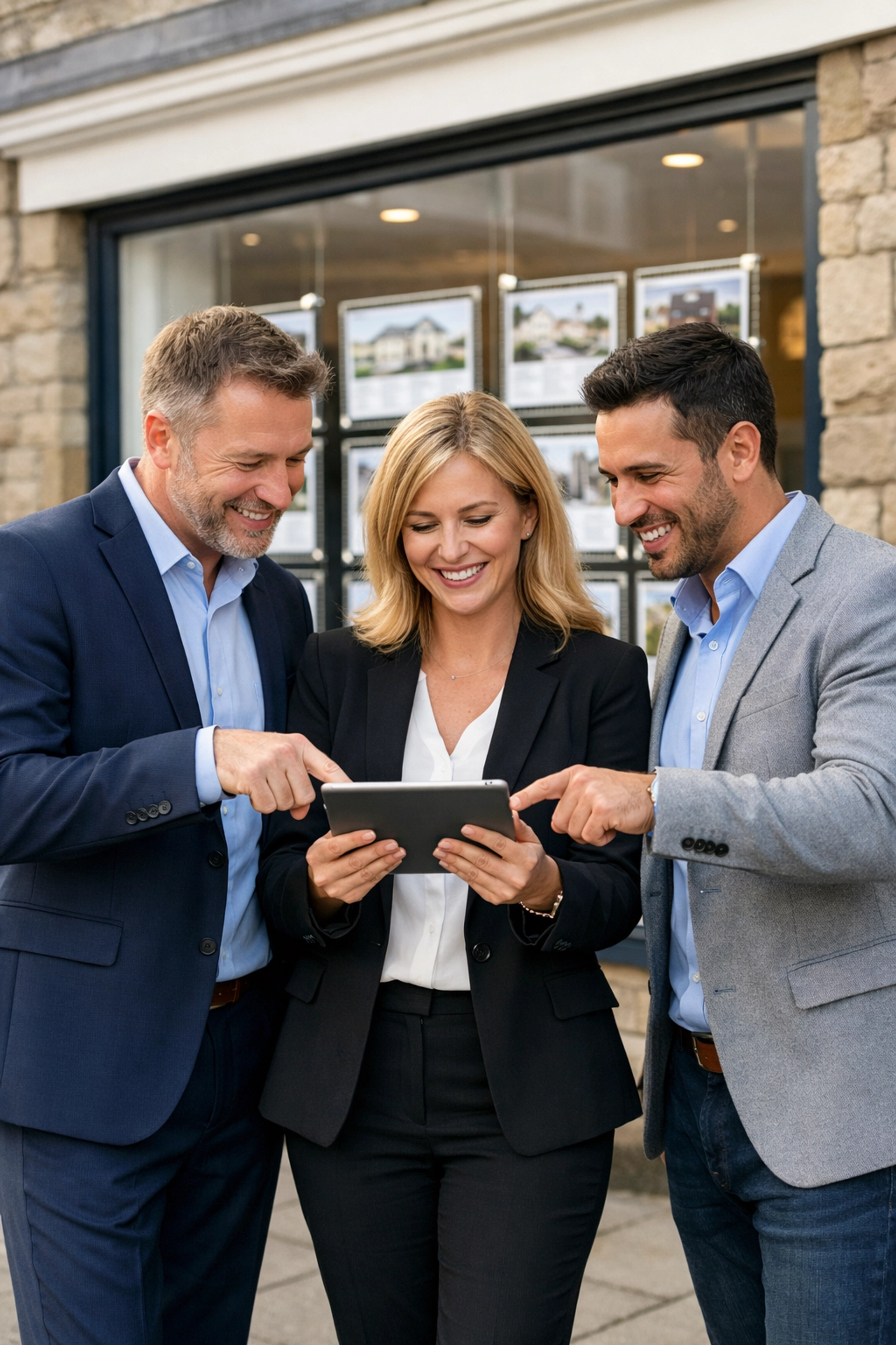 Professional estate agents in Chipping Sodbury discussing property market trends outside their office.