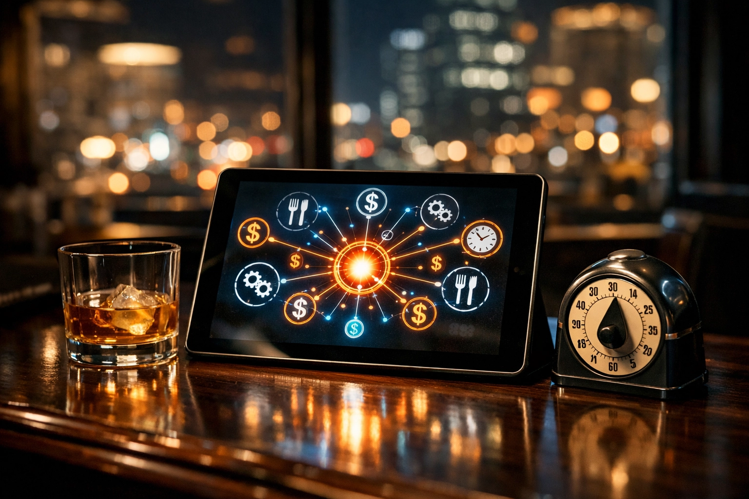 Advanced restaurant management dashboard on a tablet for remote monitoring and business intelligence.