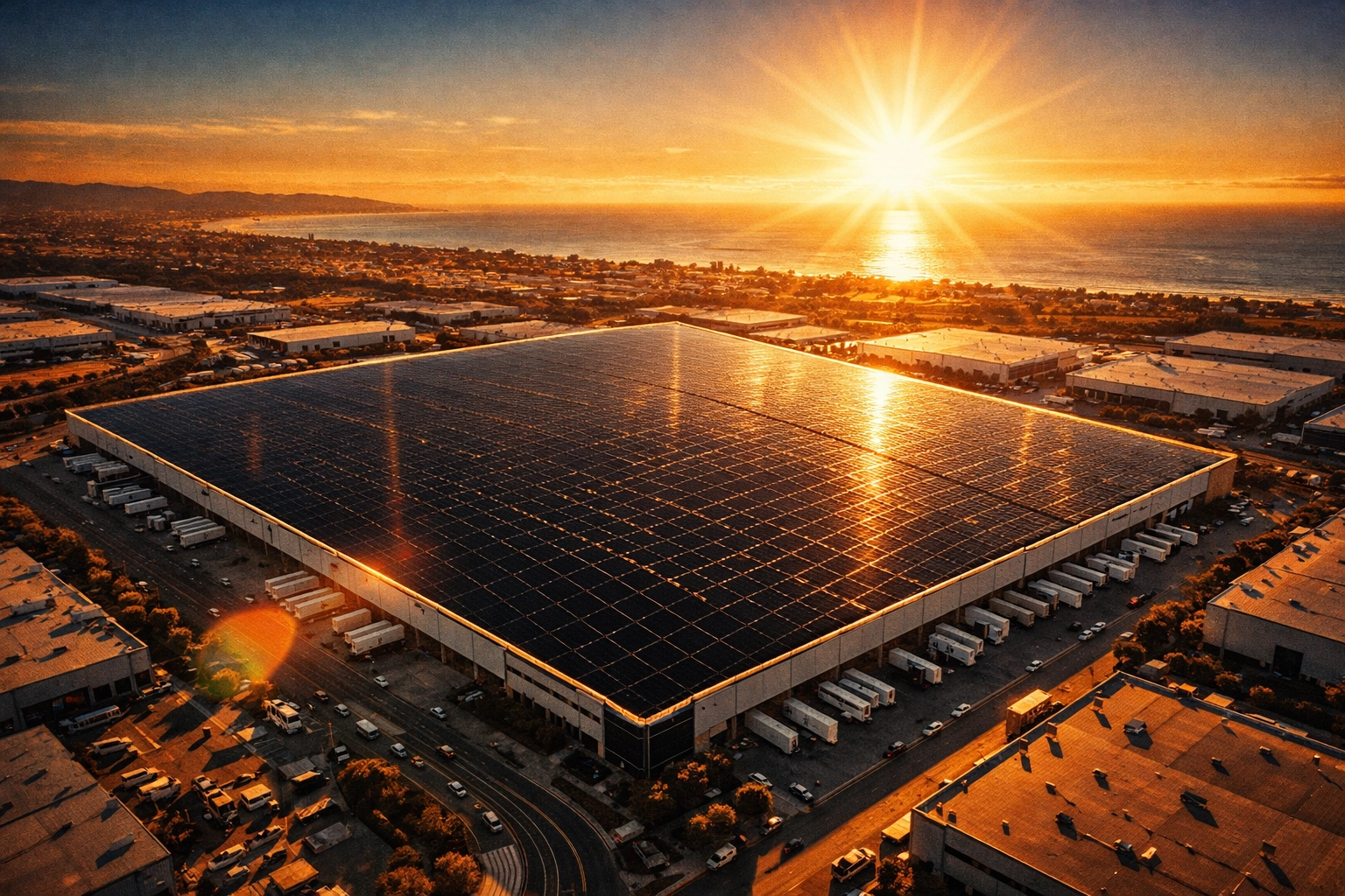 Large scale commercial solar installation on a San Diego warehouse roof to generate rooftop revenue.