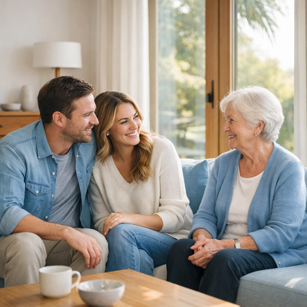 Multi-generational family in a modern home representing peace of mind with term, whole, or IUL life insurance.