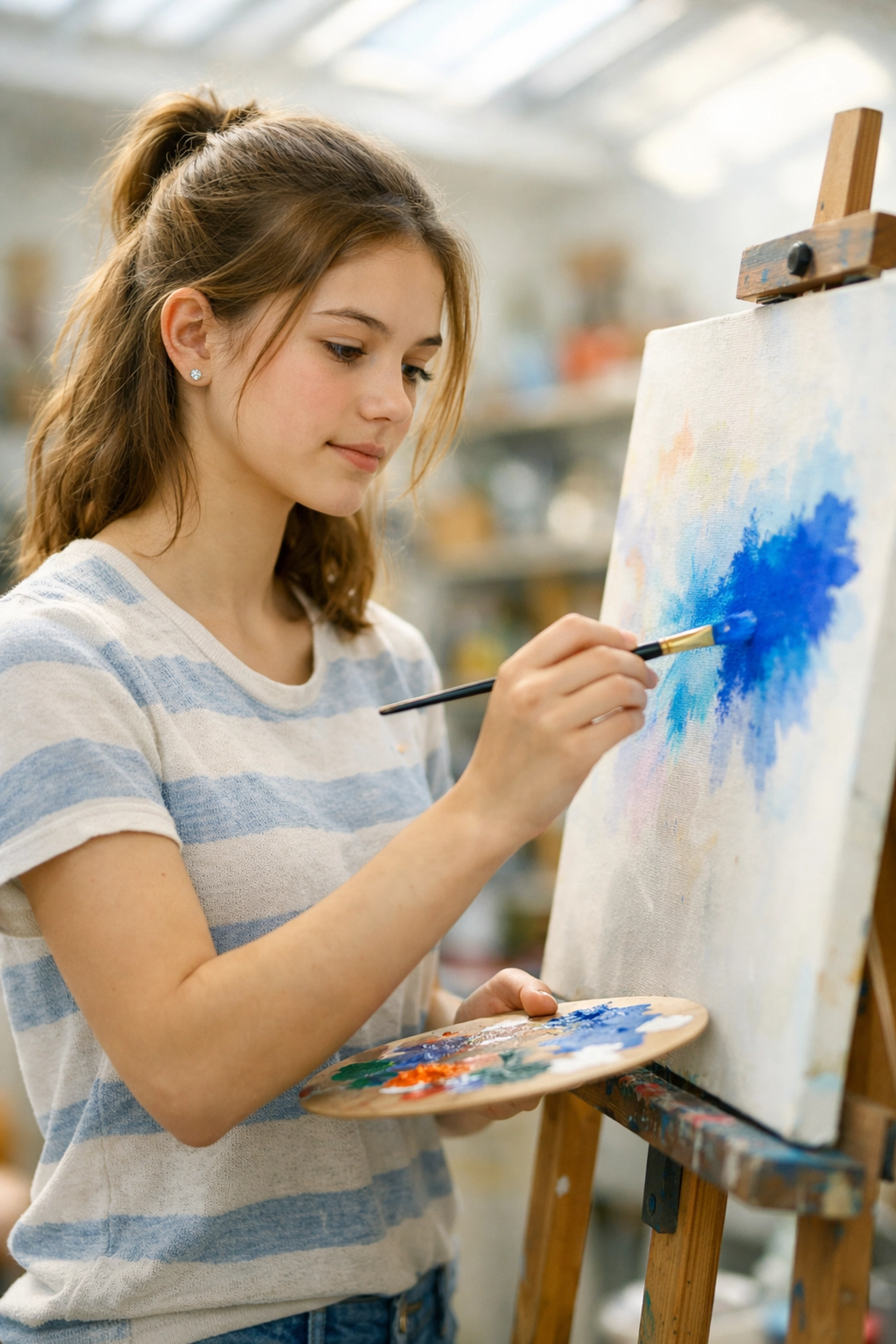 An adolescent girl engaging in art therapy at a mental health residential treatment center.