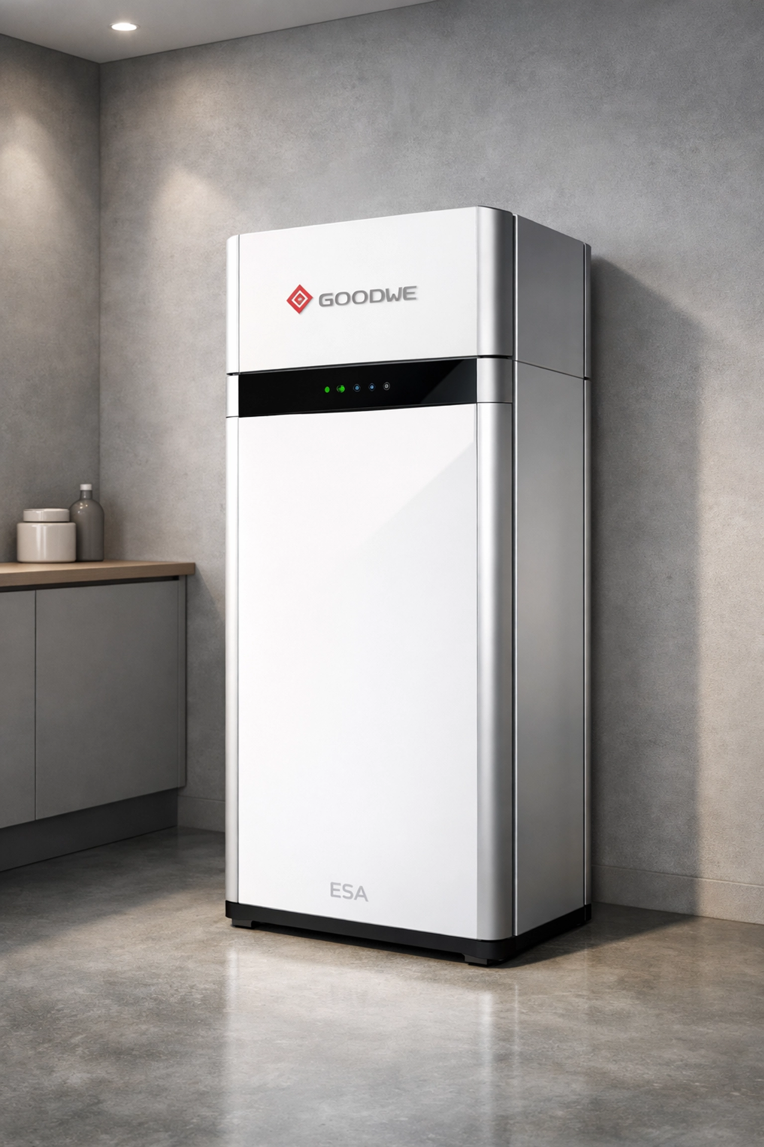 Sleek GoodWe ESA all-in-one solar battery system installed in a modern UK utility room.