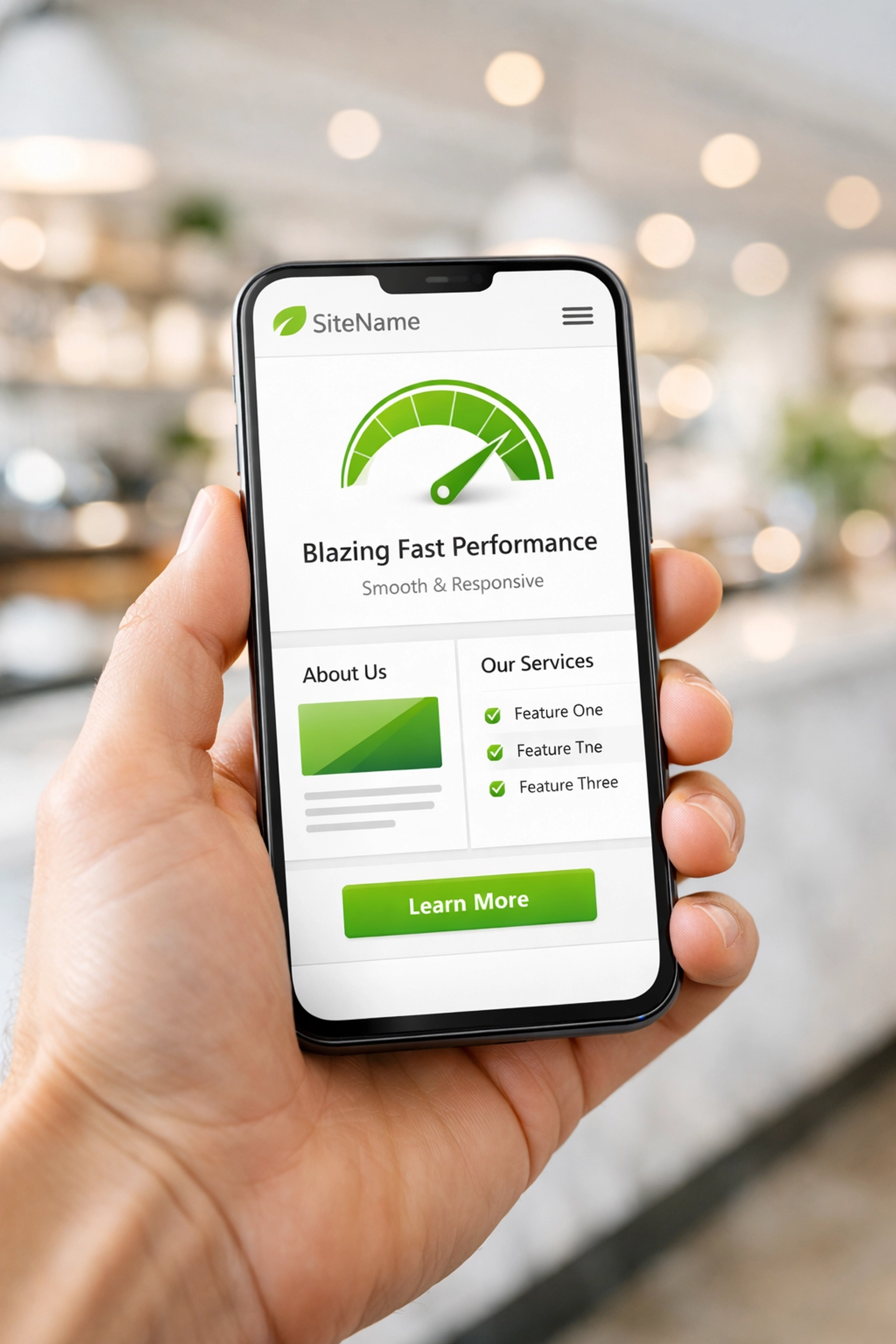 Close-up of a smartphone showcasing a fast-loading and responsive contractor website design.