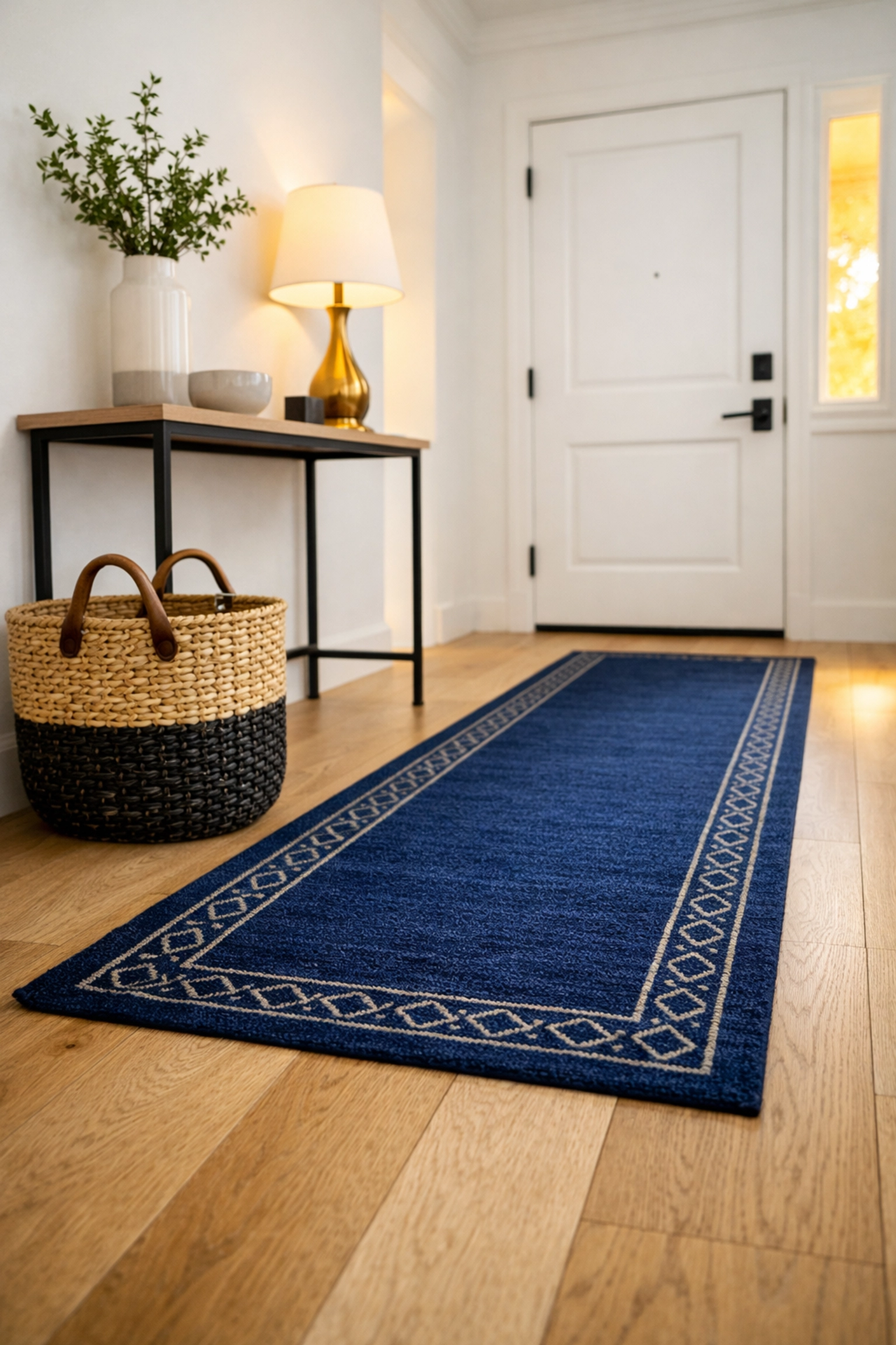 Organized entryway with a woven clutter basket for a quick speed clean before guests arrive.