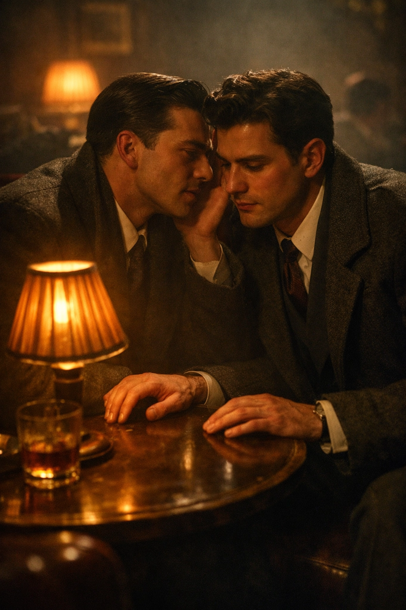 Two gay men in 1950s London sharing a secret moment, inspired by MM historical romance novels.