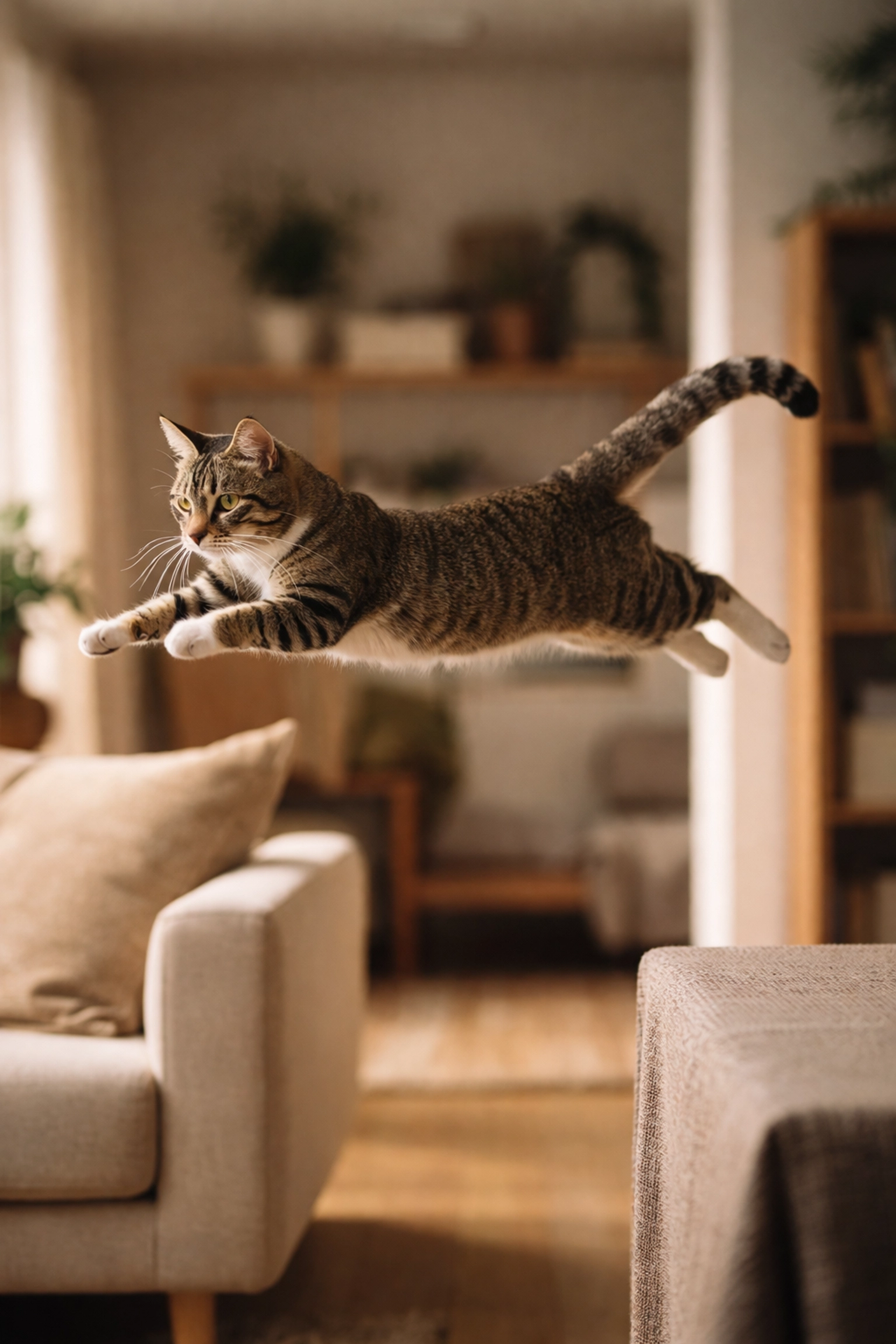 Cat mid-leap demonstrating exceptional balance and agility from millions of years of evolution