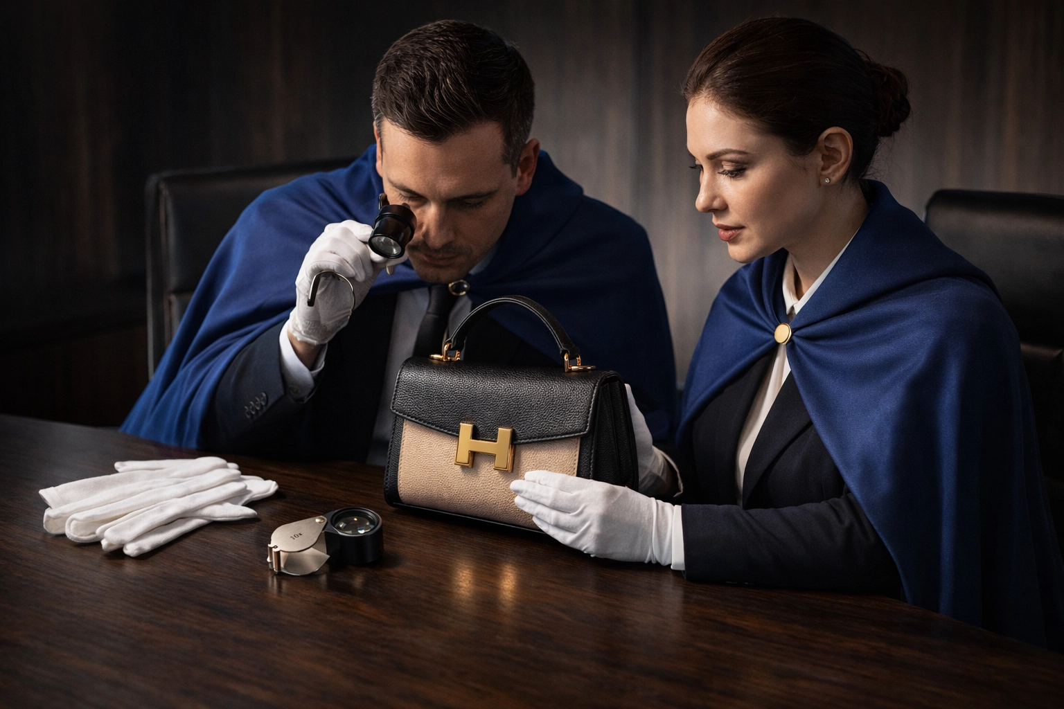 Professional luxury authentication workstation with human experts in professional blue capes, a designer handbag, and inspection tools.
