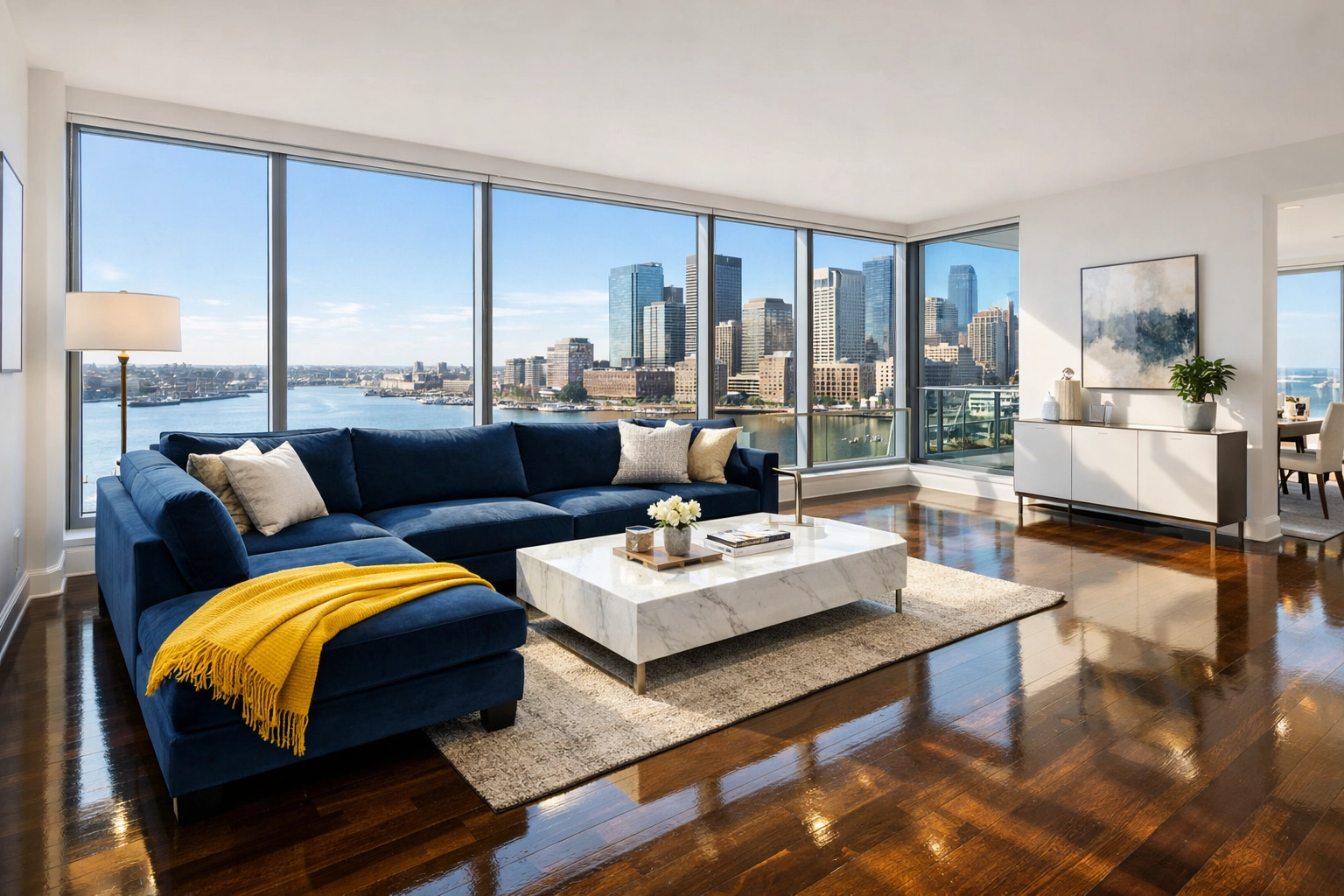 Organized and sunlit Boston Seaport living room showing the results of premium Apartment Cleaning Boston services.