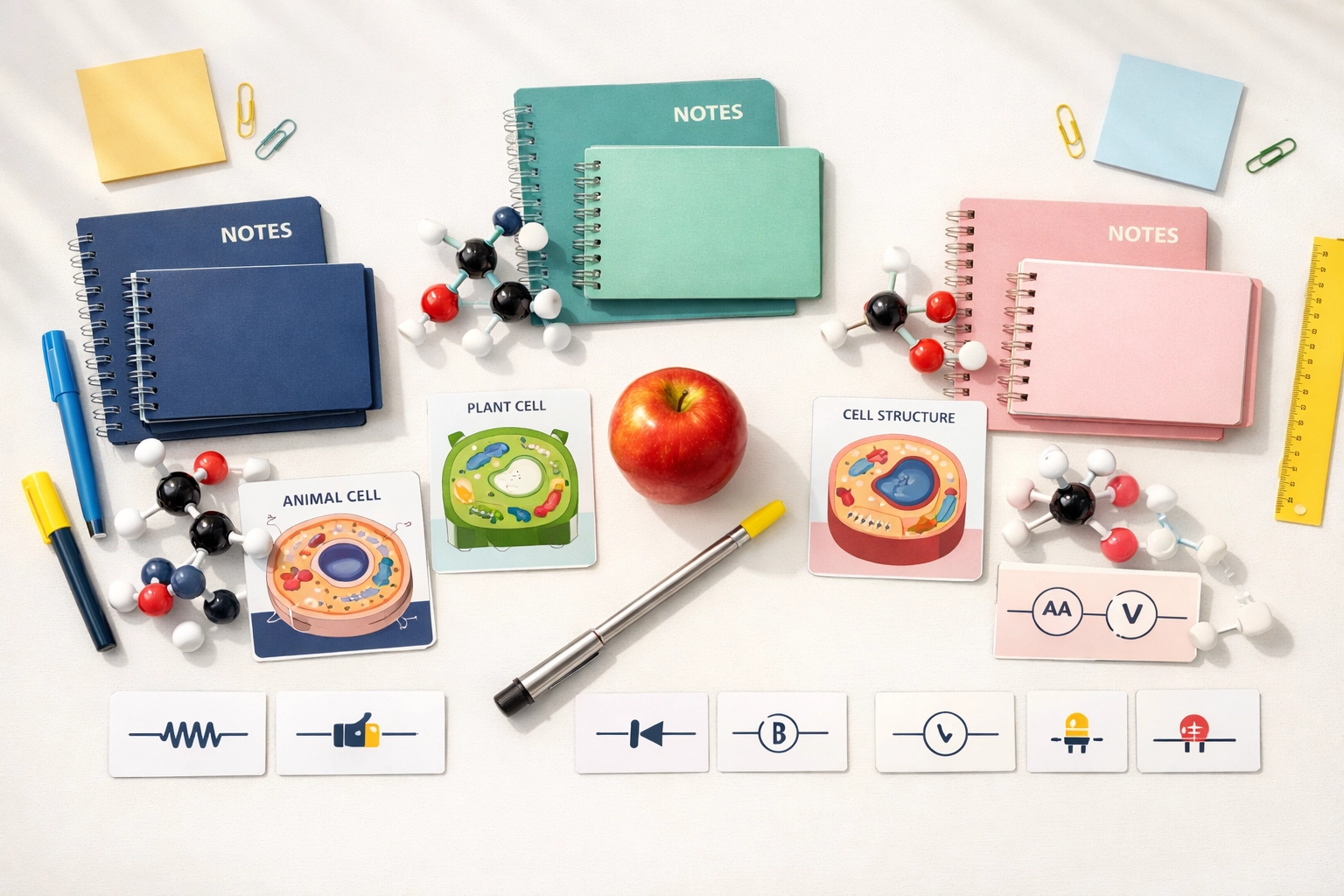 Small group GCSE Science revision course setup with organised materials for biology, chemistry and physics