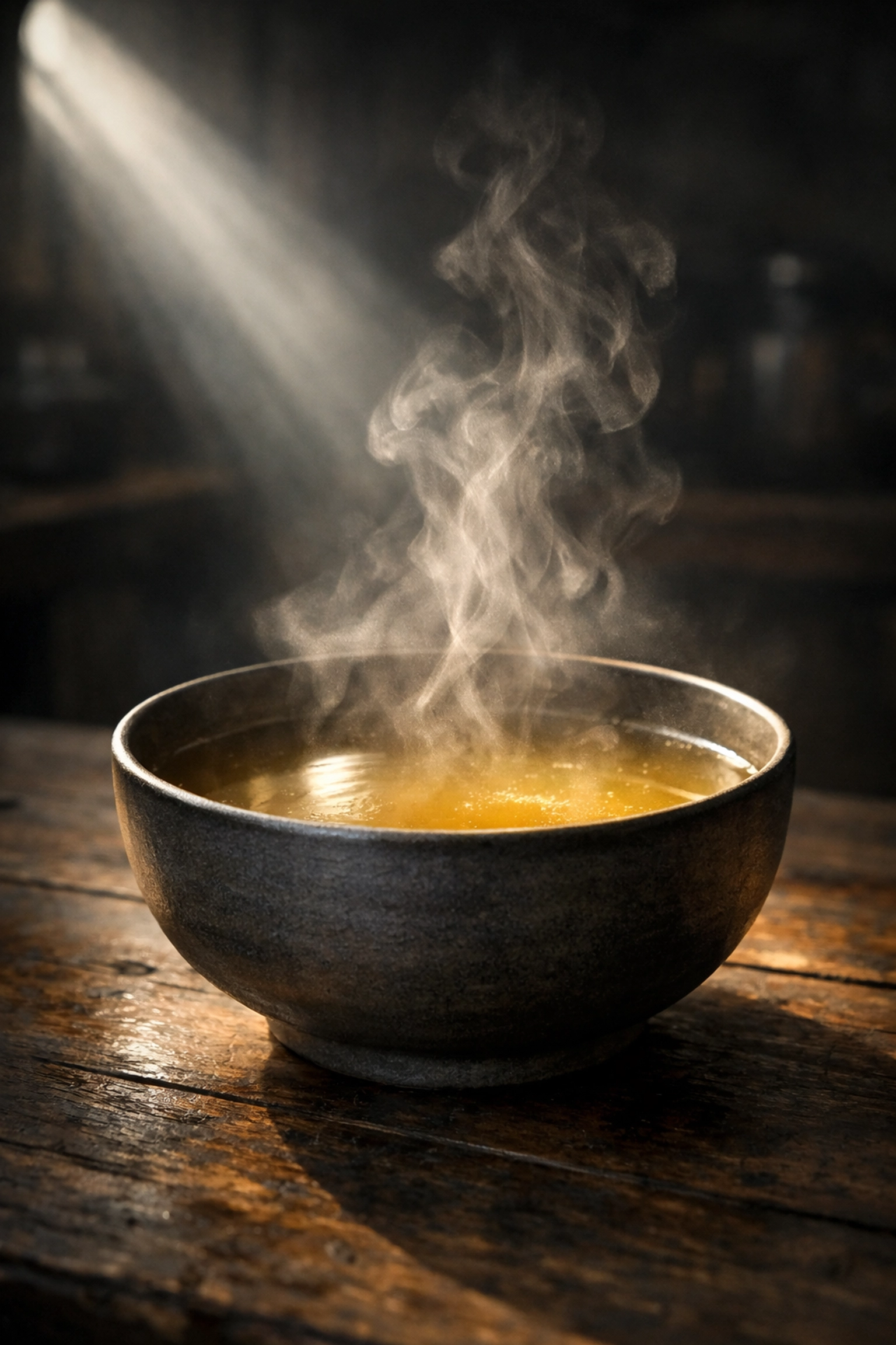 A steaming bowl of nourishing soup for postpartum recovery support and healing in a dimly lit kitchen.