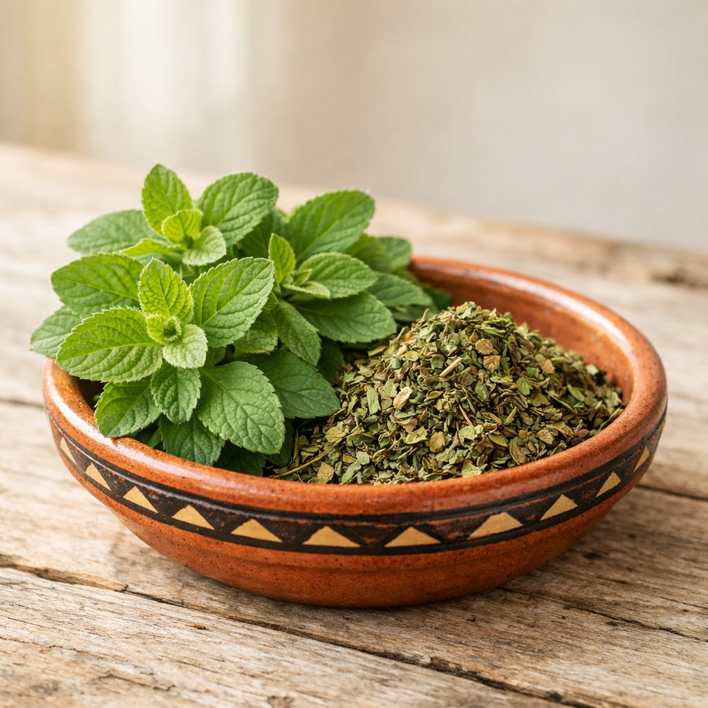 أوراق فليو خضراء ومجففة في وعاء طيني من متجر Moroccan Goods Shop