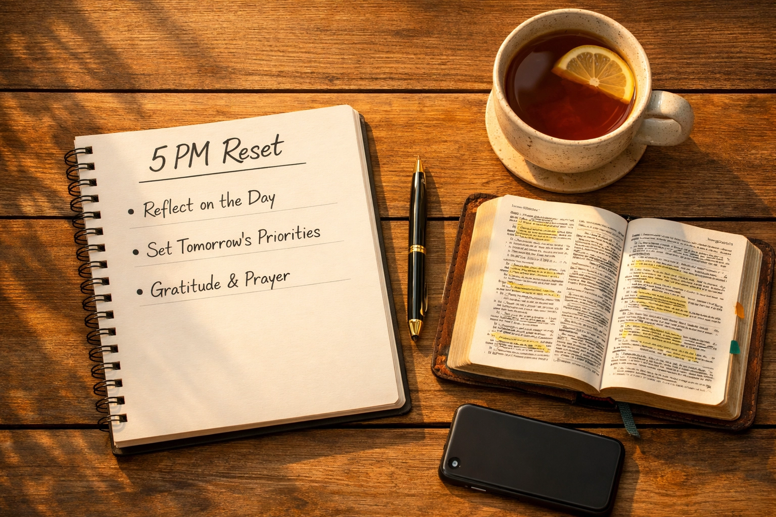 5 PM Reset setup with notebook, Bible, tea and face-down phone on wooden table