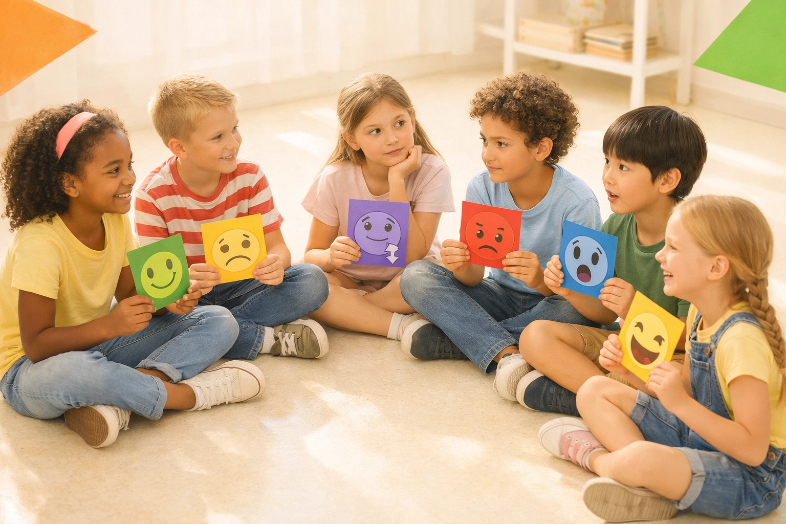 Children sitting in circle holding colorful emotion cards during self-awareness activity