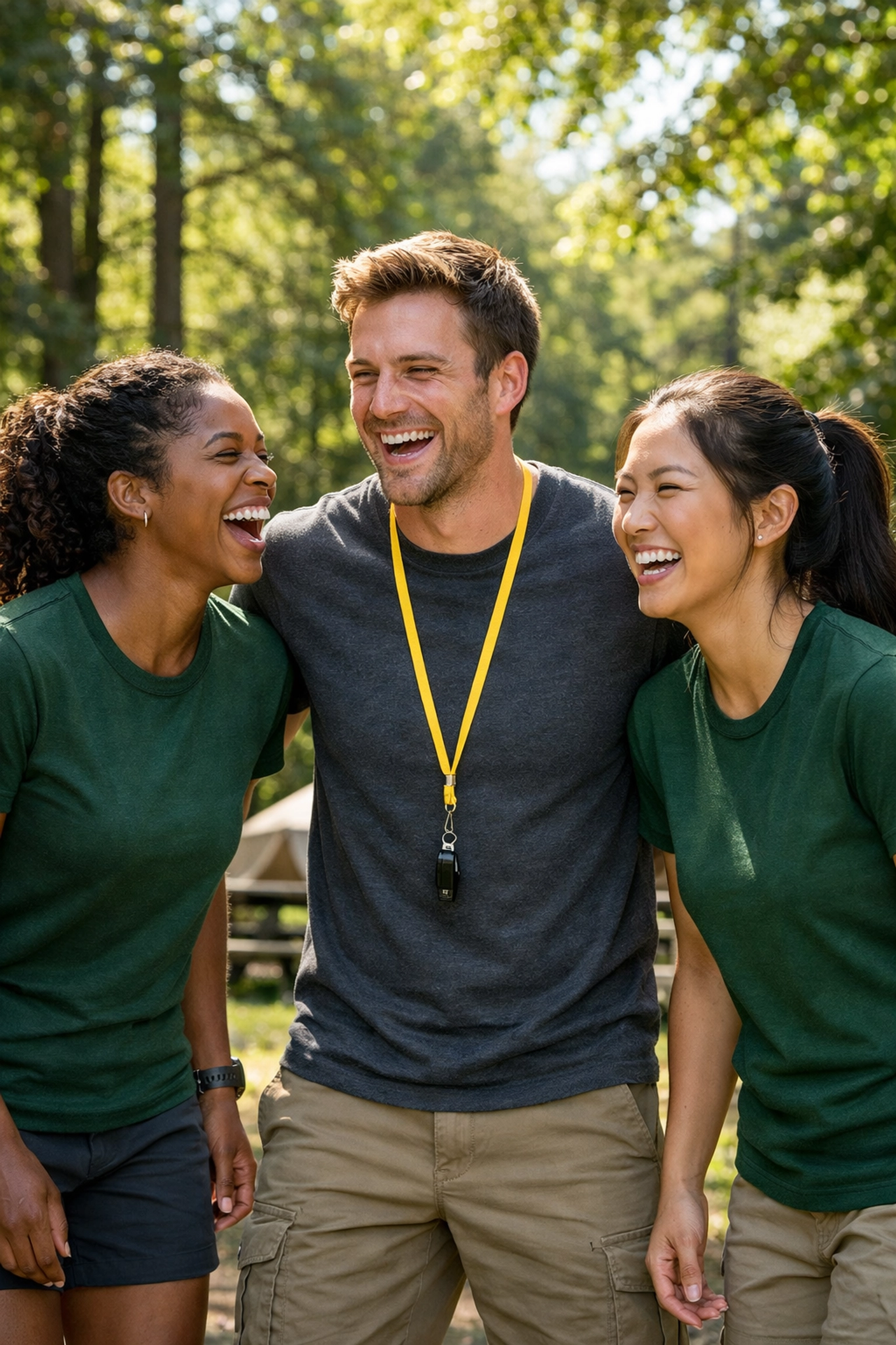 Diverse camp staff wearing high-quality charcoal and green camp staff shirts during summer training.