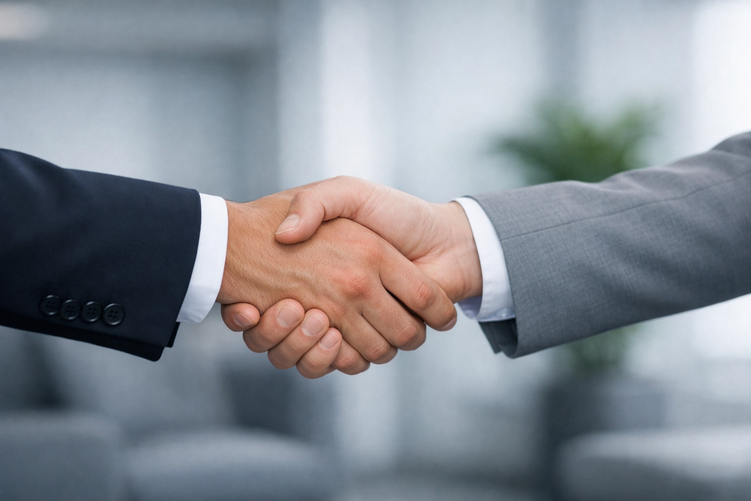 Two business professionals shaking hands to finalize the sale of a Huntsville firm.