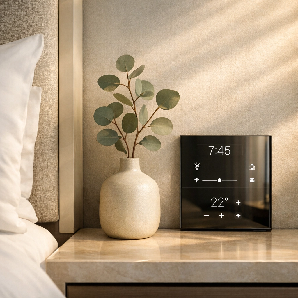 Sophisticated hotel room bedside interface demonstrating modern, invisible hospitality technology.